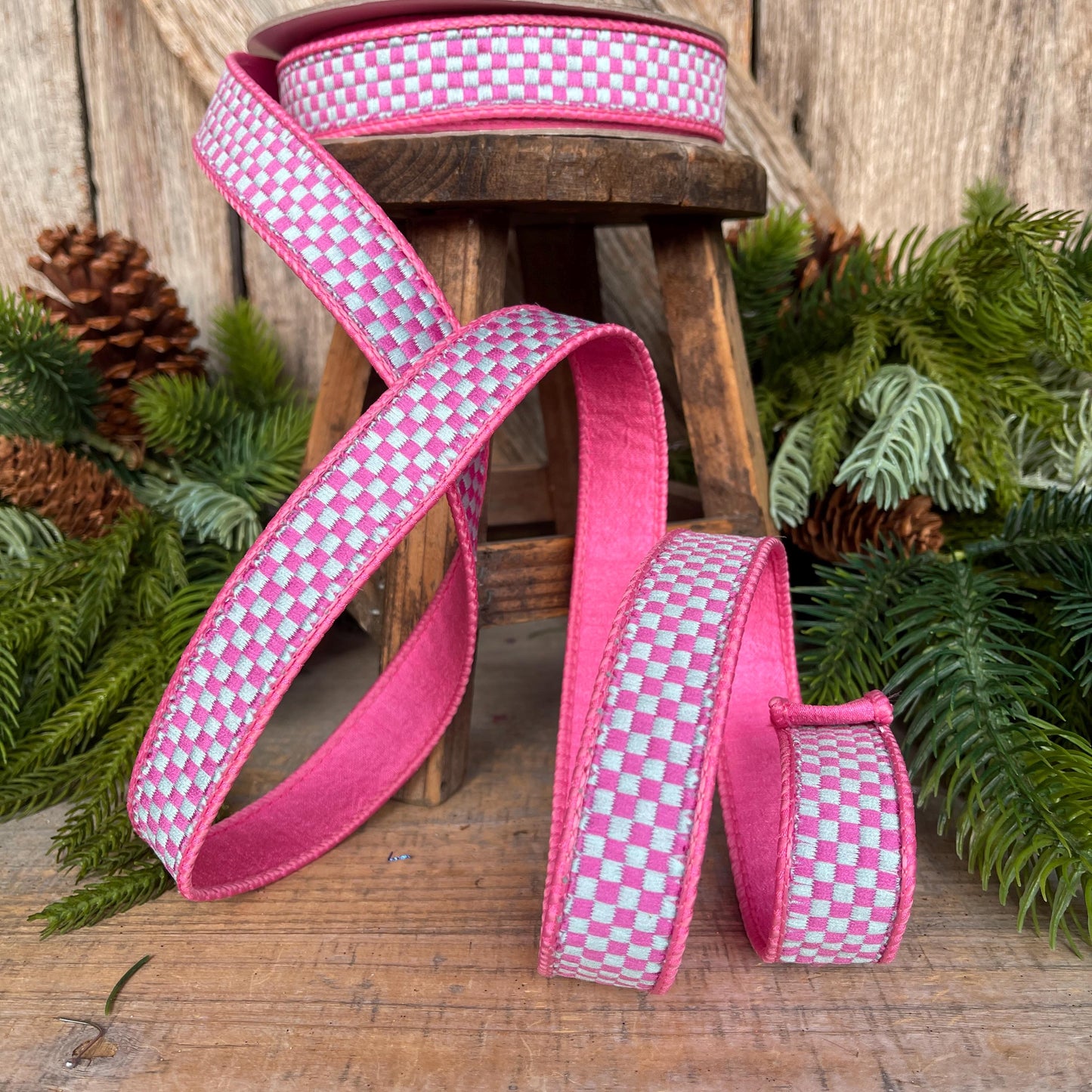 1" Pink Spearmint Check Ribbon, Farrisilk Ribbon, Kitschy Checks Ribbon, Pink Check Christmas Ribbon, RK848-14