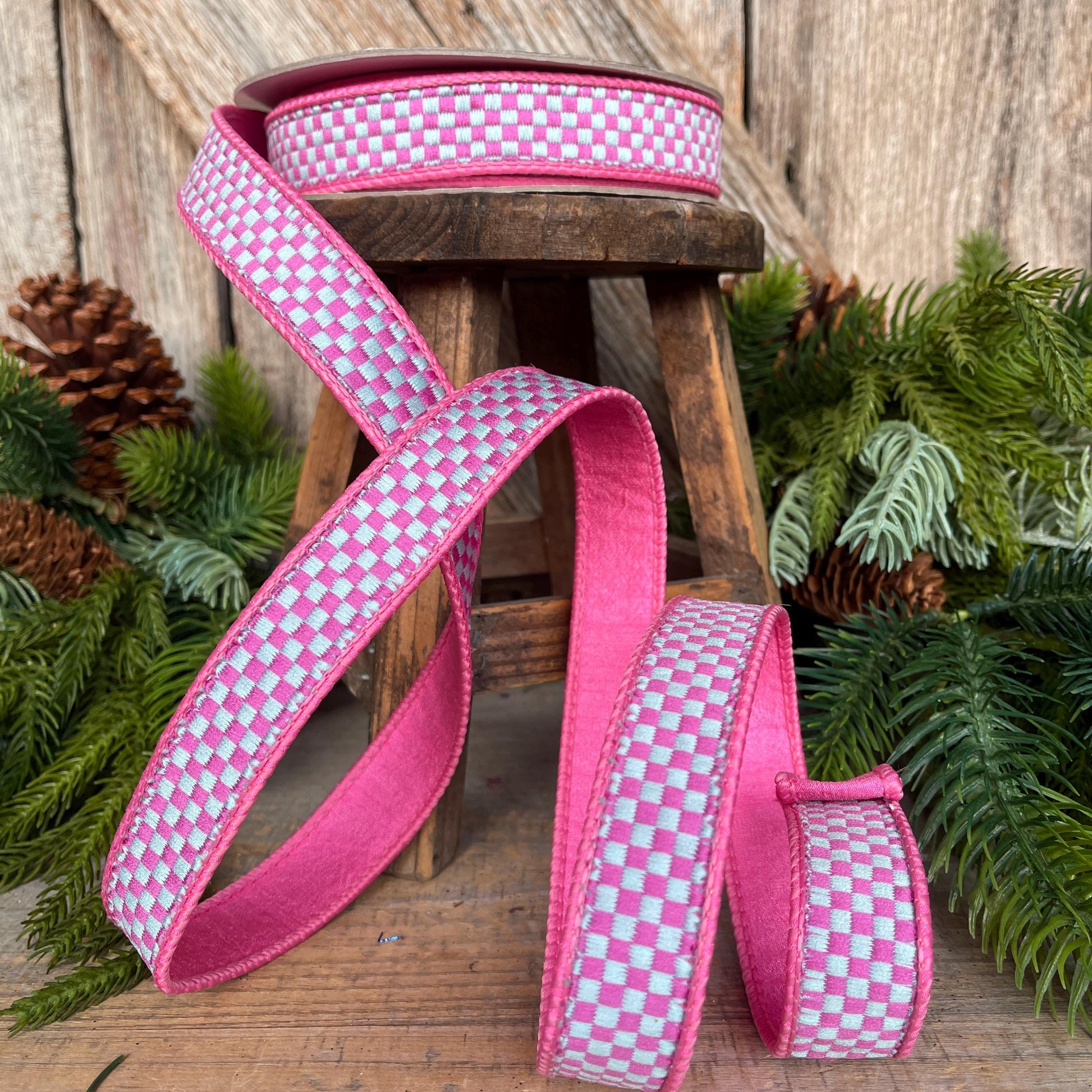 1" Pink Spearmint Check Ribbon, Farrisilk Ribbon, Kitschy Checks Ribbon, Pink Check Christmas Ribbon, RK848-14
