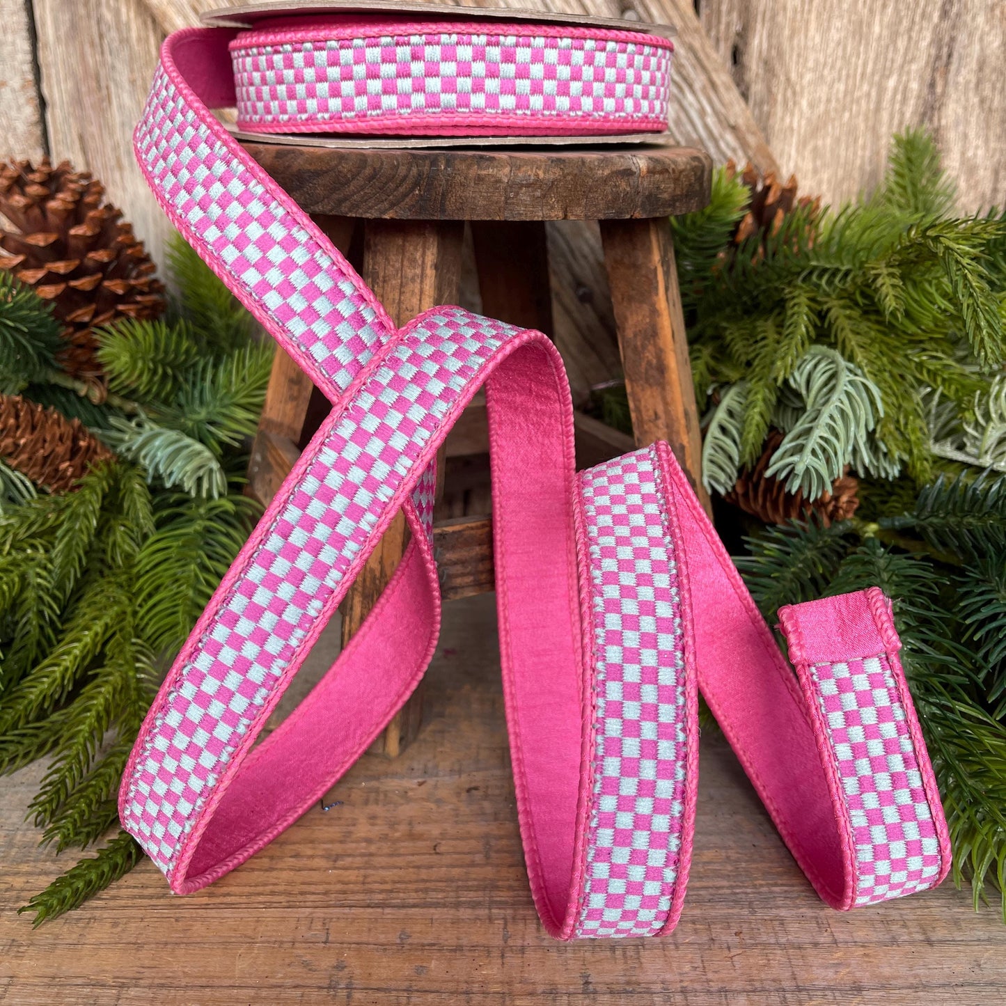1" Pink Spearmint Check Ribbon, Farrisilk Ribbon, Kitschy Checks Ribbon, Pink Check Christmas Ribbon, RK848-14