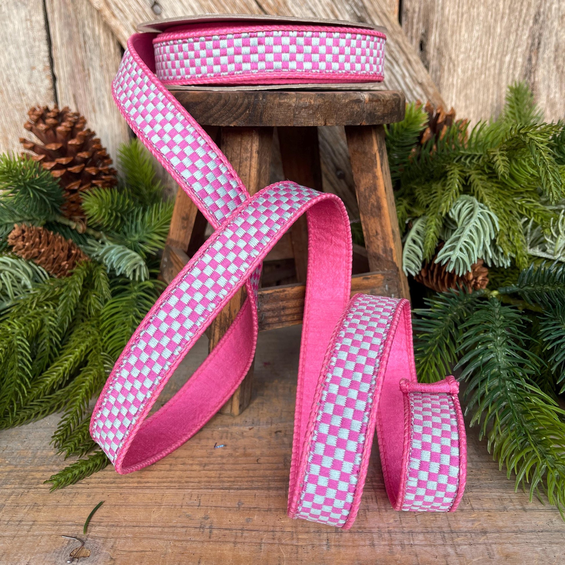 1" Pink Spearmint Check Ribbon, Farrisilk Ribbon, Kitschy Checks Ribbon, Pink Check Christmas Ribbon, RK848-14