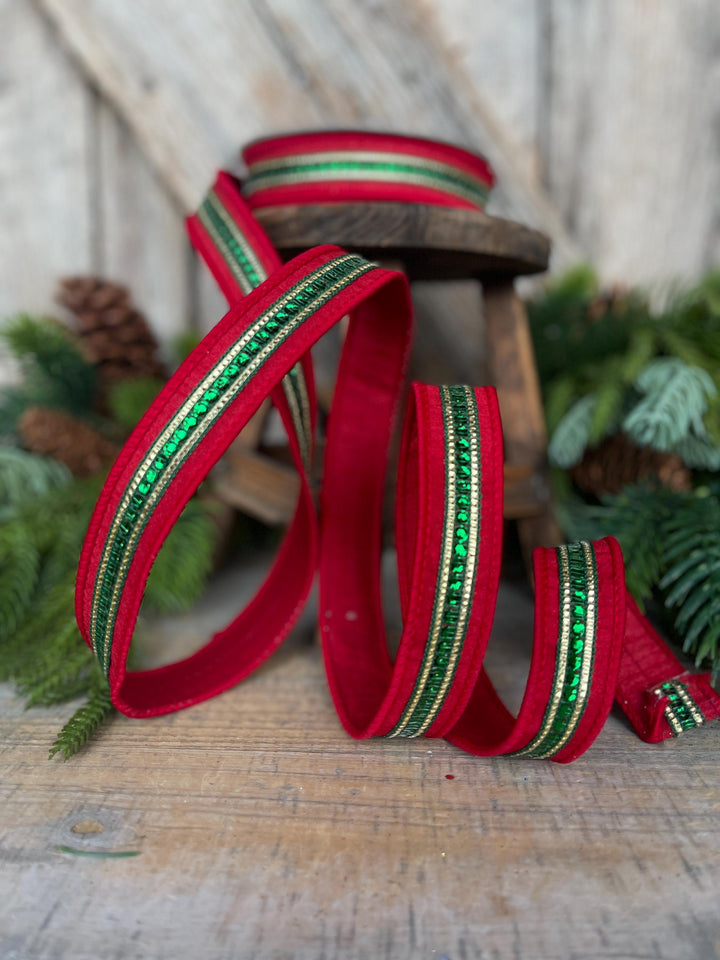 1" Red Green Twinkle Trim Ribbon, Farrisilk ribbon, Red Jeweled RIbbon