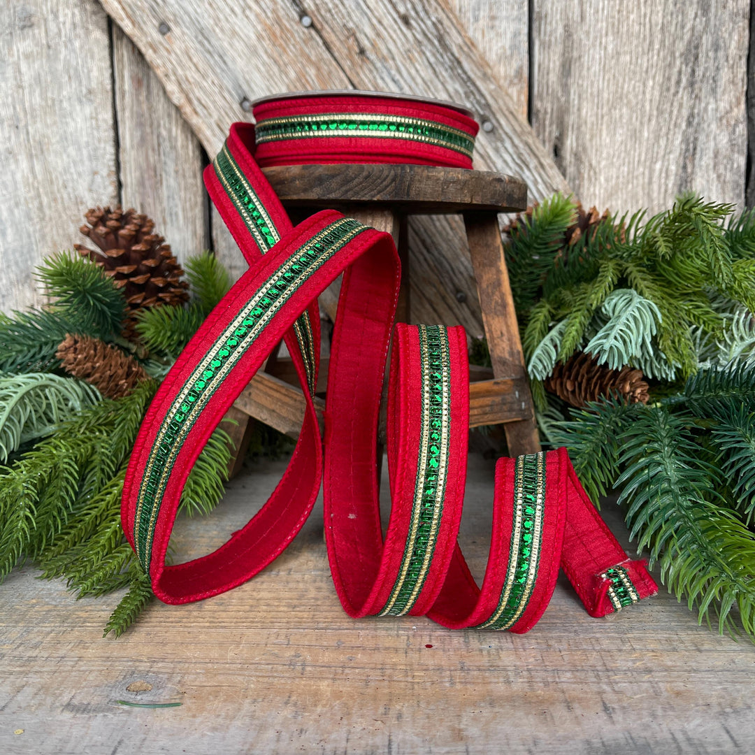 1" Red Green Twinkle Trim Ribbon, Farrisilk ribbon, Red Jeweled RIbbon