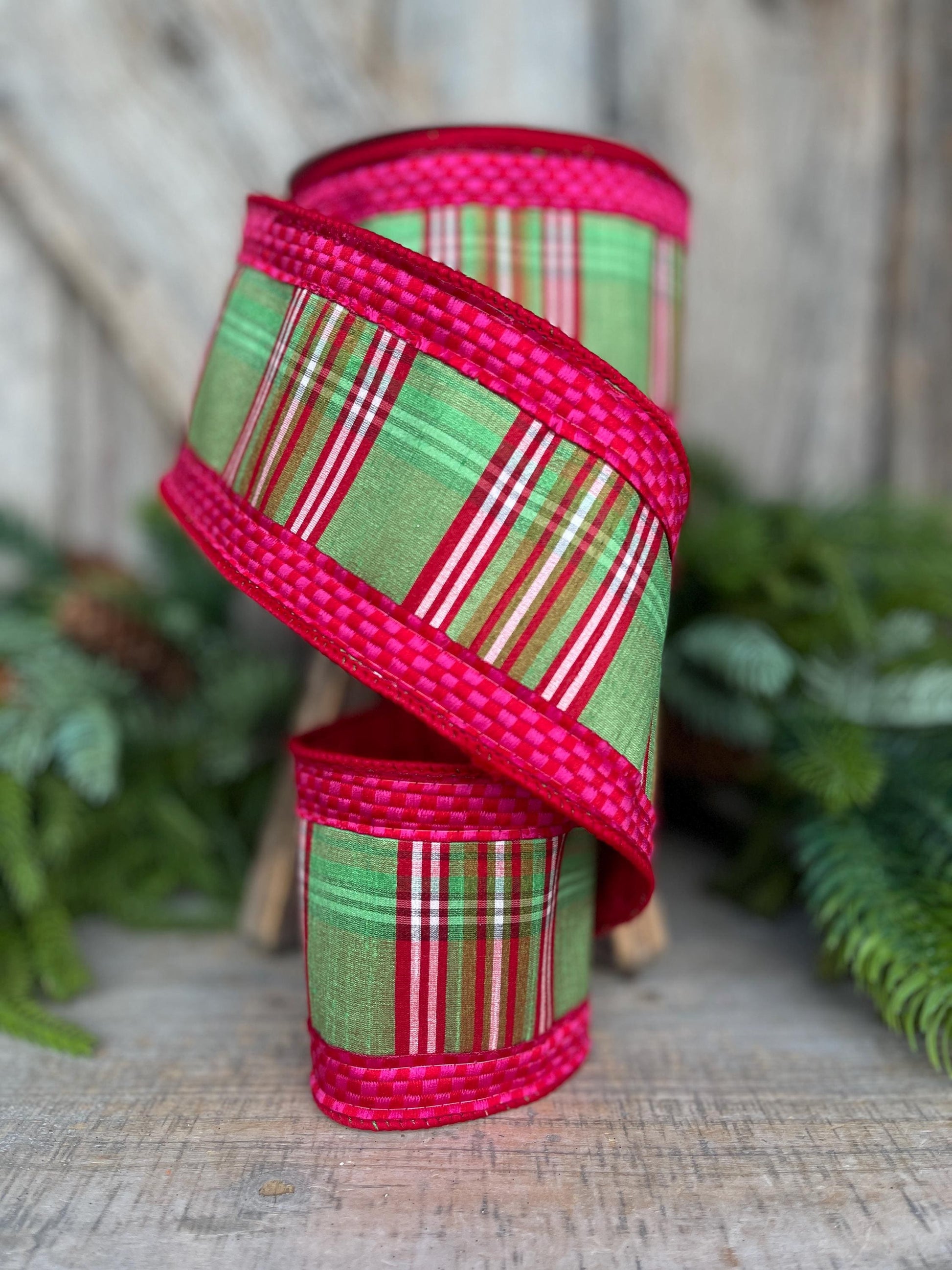 4" Kitschy Plaid Ribbon, Farrisilk Ribbon, Green Pink Red Plaid Ribbon