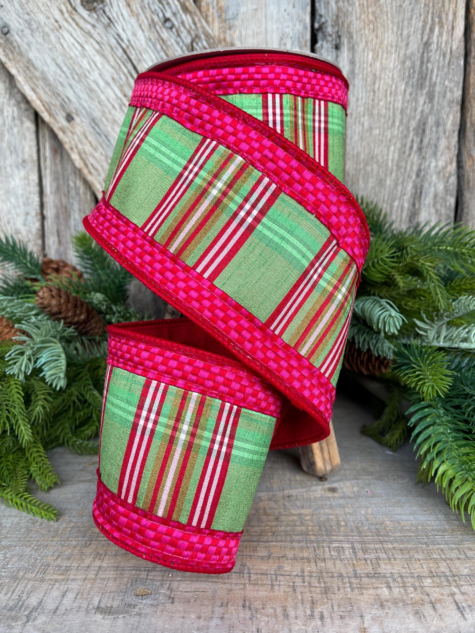 4" Kitschy Plaid Ribbon, Farrisilk Ribbon, Green Pink Red Plaid Ribbon