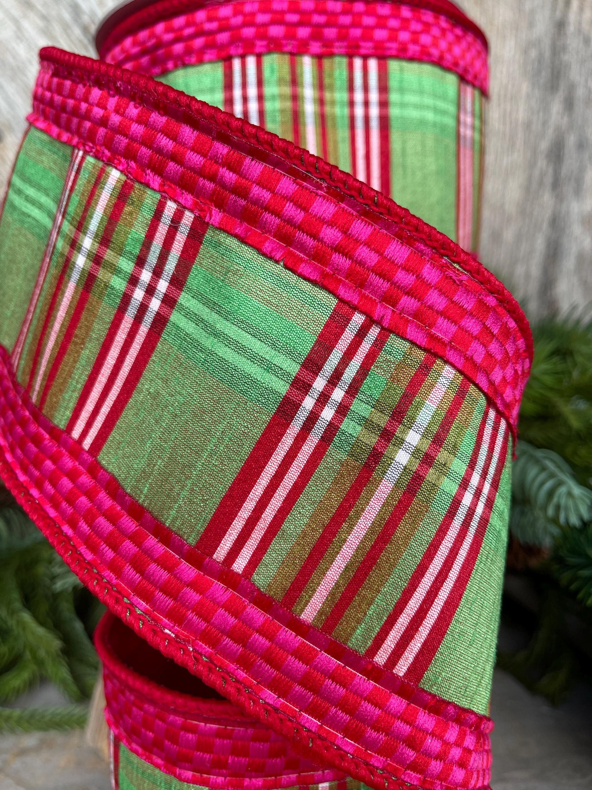 4" Kitschy Plaid Ribbon, Farrisilk Ribbon, Green Pink Red Plaid Ribbon