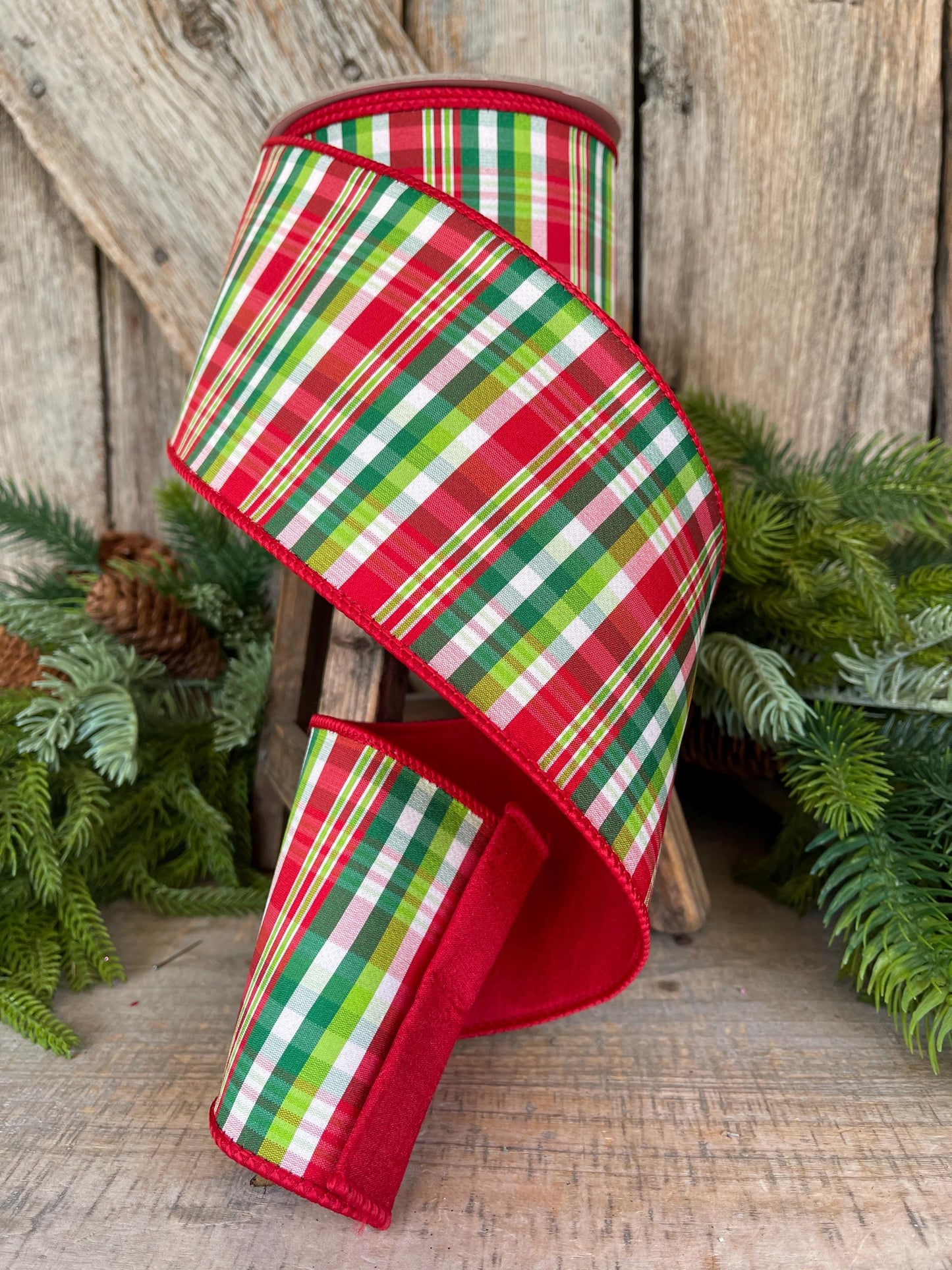 4" Jolly Plaid Ribbon, Farrisilk Ribbon, Red Green Plaid Ribbon