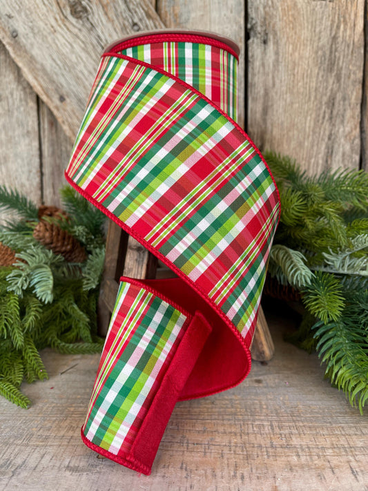 4" Jolly Plaid Ribbon, Farrisilk Ribbon, Red Green Plaid Ribbon