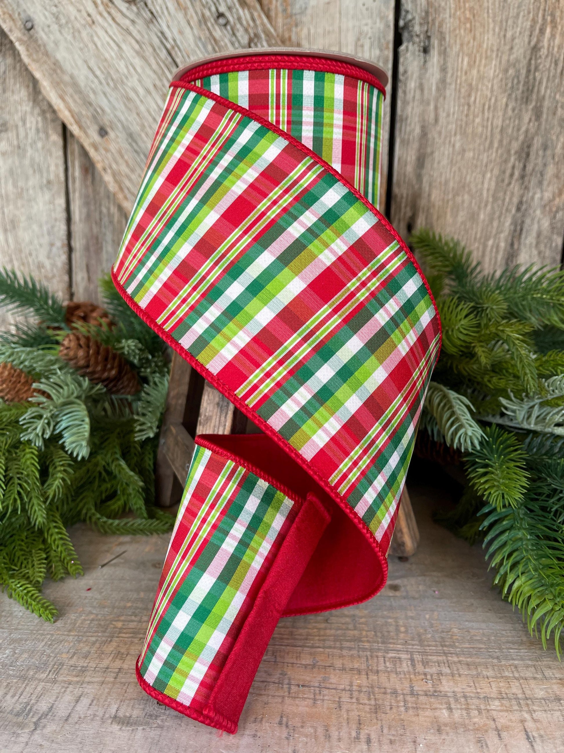4" Jolly Plaid Ribbon, Farrisilk Ribbon, Red Green Plaid Ribbon