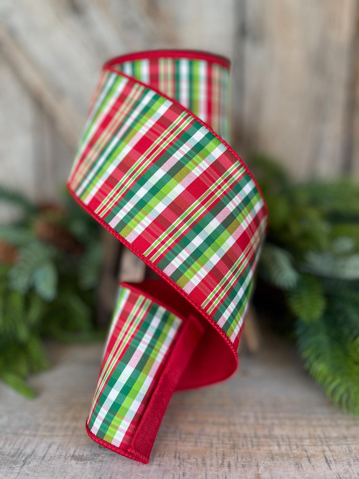 4" Jolly Plaid Ribbon, Farrisilk Ribbon, Red Green Plaid Ribbon