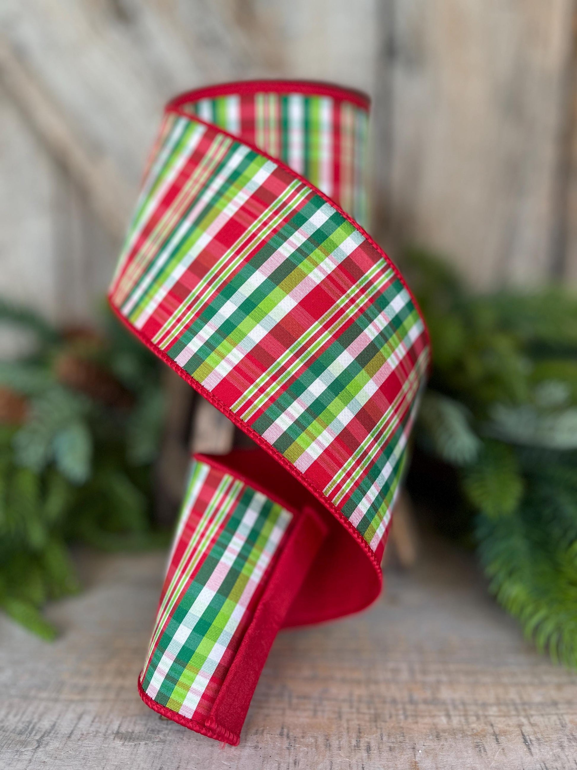 4" Jolly Plaid Ribbon, Farrisilk Ribbon, Red Green Plaid Ribbon