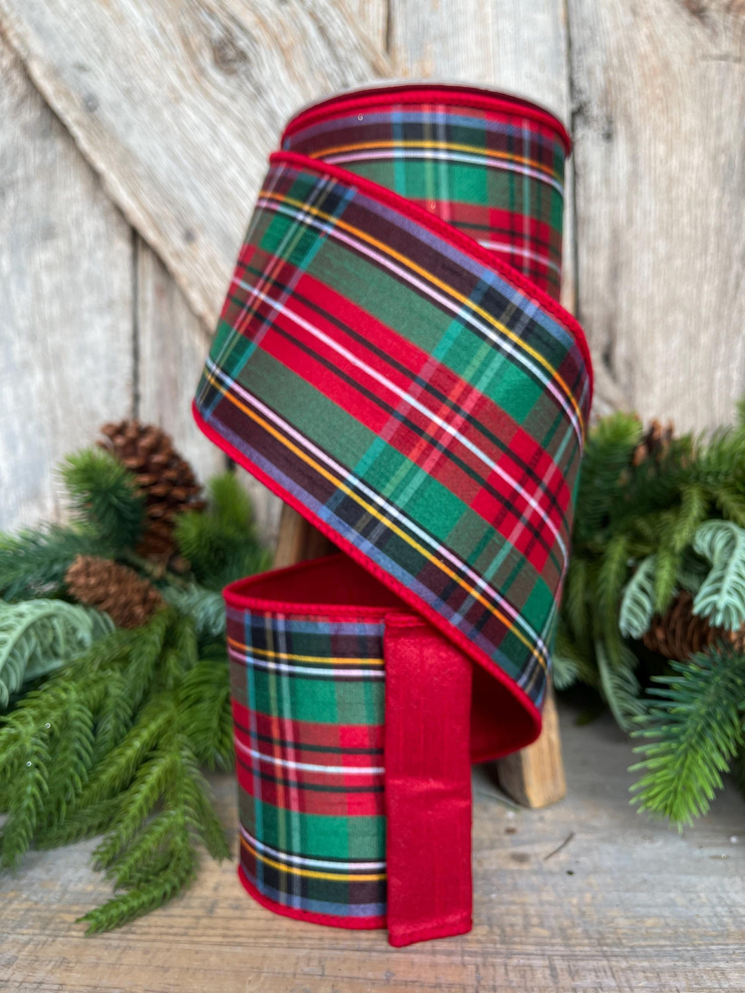 Christmas Plaid Wired Ribbon, Farrisilk Ribbon, Red
