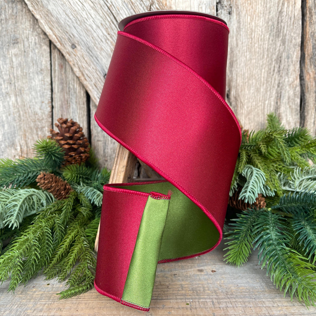4" Ruby Green Satin Ribbon, Farrisilk Ribbon, Wired Ribbon