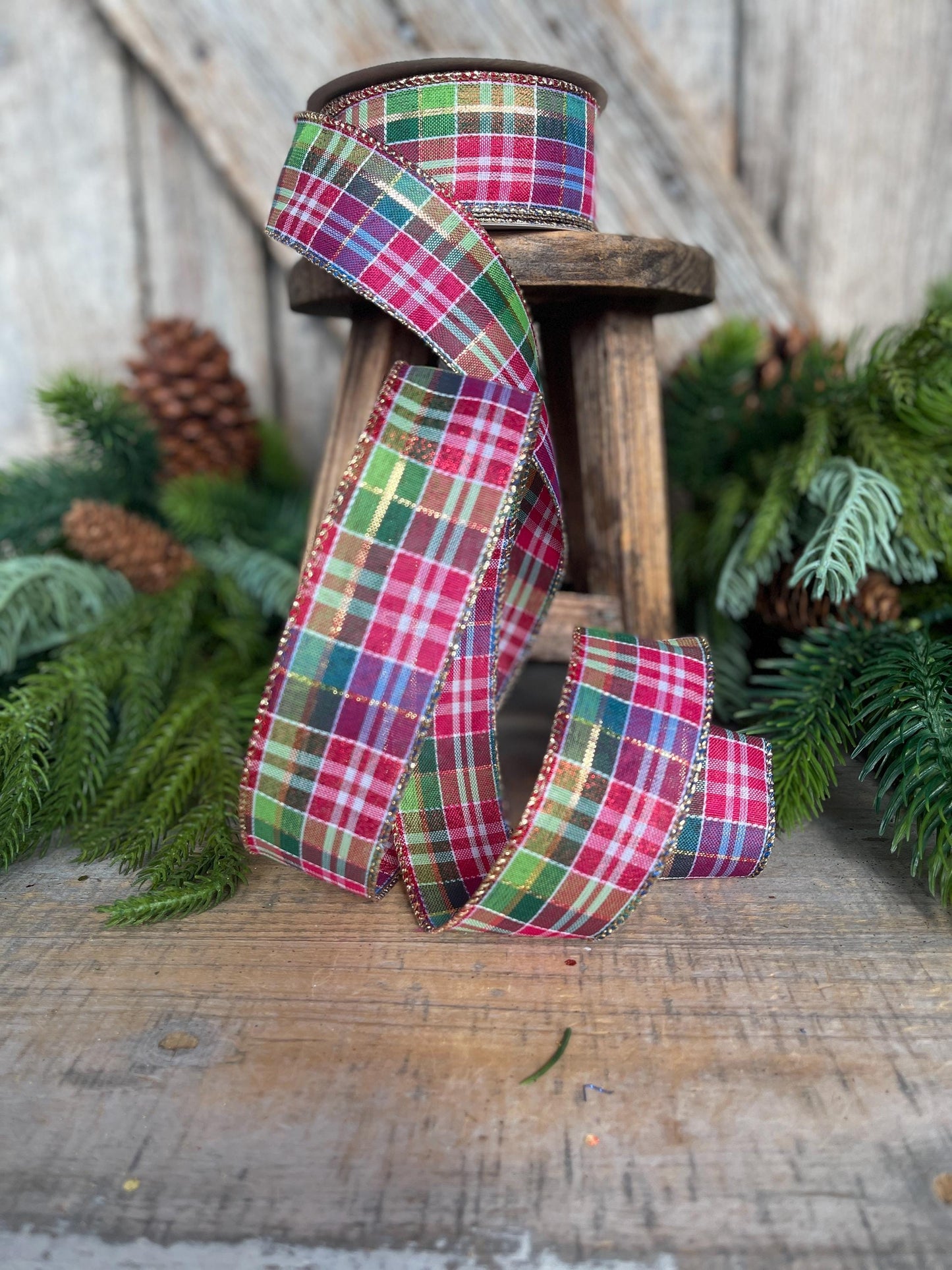 1.5" Pink Christmas Plaid Ribbon, Bright Christmas Plaid Ribbon, Pink Blue Christmas Plaid Ribbon