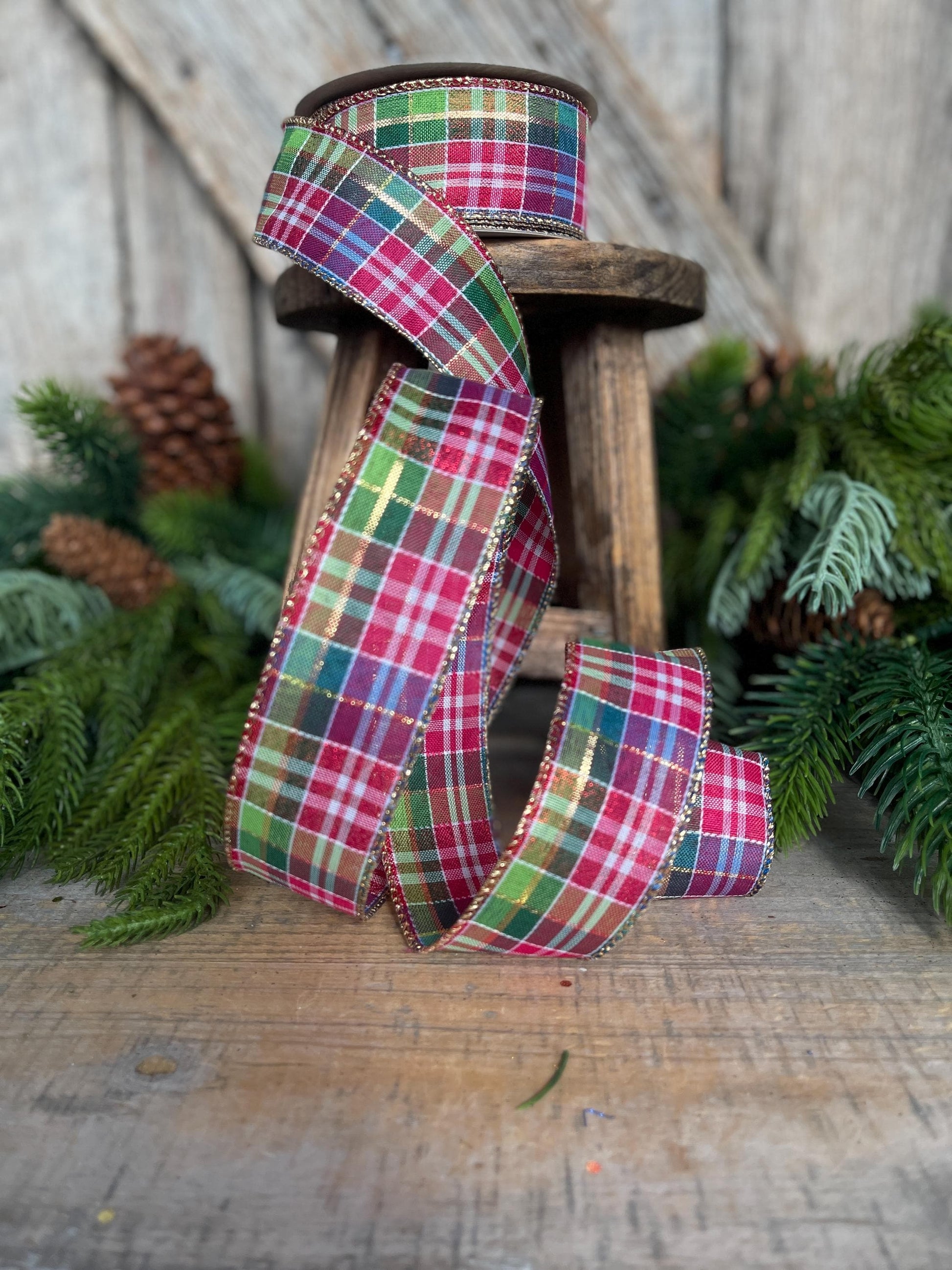 1.5" Pink Christmas Plaid Ribbon, Bright Christmas Plaid Ribbon, Pink Blue Christmas Plaid Ribbon