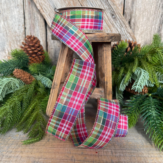 1.5" Pink Christmas Plaid Ribbon, Bright Christmas Plaid Ribbon, Pink Blue Christmas Plaid Ribbon