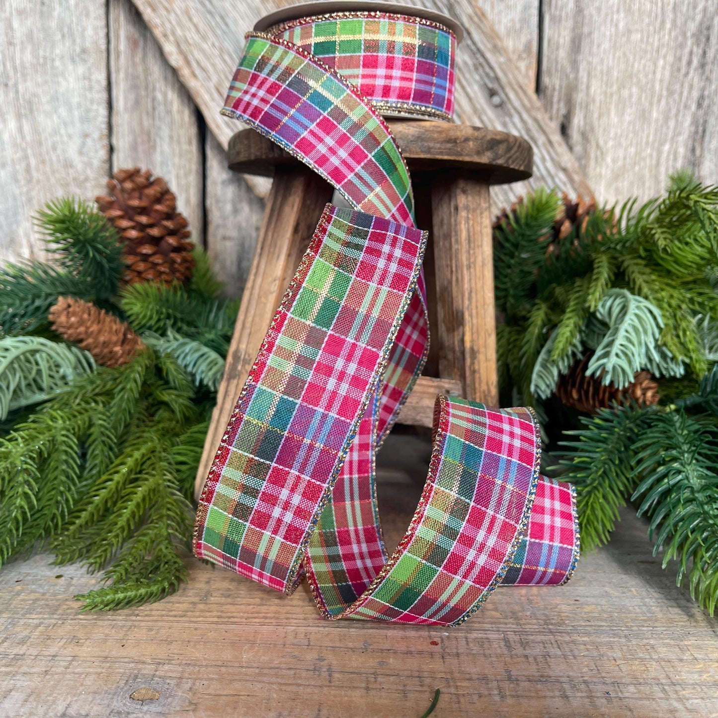 1.5" Pink Christmas Plaid Ribbon, Bright Christmas Plaid Ribbon, Pink Blue Christmas Plaid Ribbon