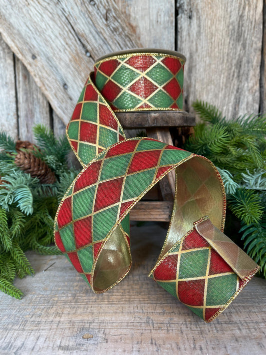 2.5" Red Green Antique Diamonds Ribbon, Farrisilk Ribbon, Harlequin Ribbon, Christmas Ribbon, Wired RIbbon, Designer Ribbon, RA239-47