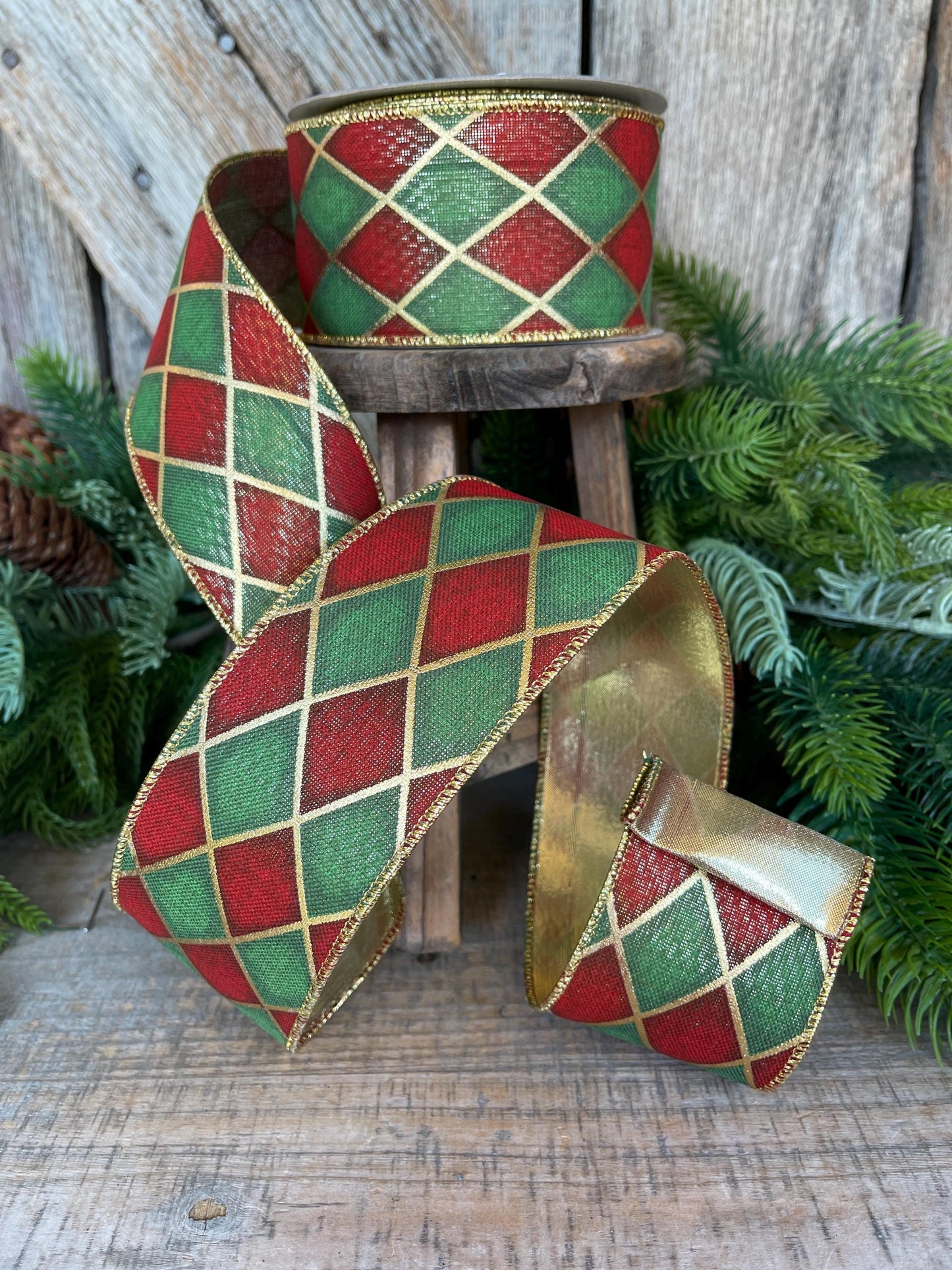 2.5" Red Green Antique Diamonds Ribbon, Farrisilk Ribbon, Harlequin Ribbon
