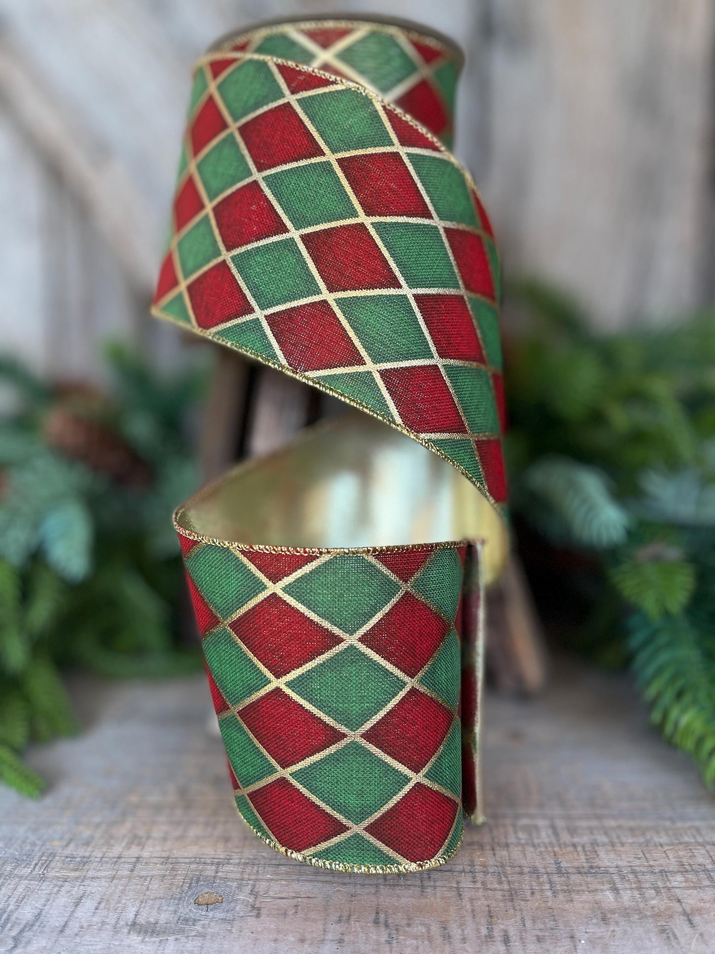 4" Red Green Antique Diamonds Ribbon, Farrisilk Ribbon, Harlequin Ribbon