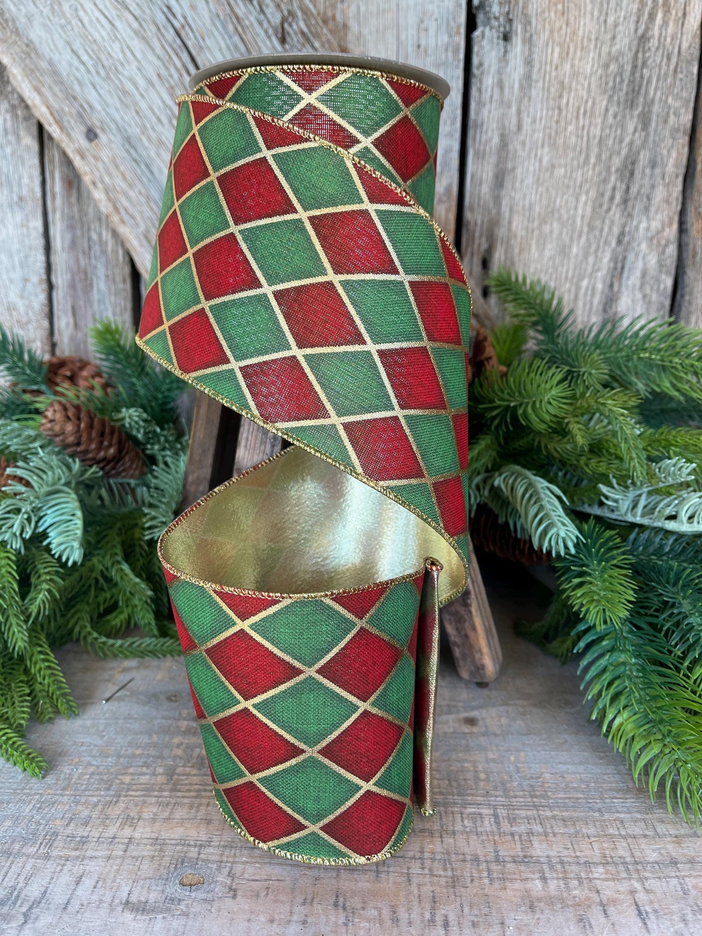 4" Red Green Antique Diamonds Ribbon, Farrisilk Ribbon, Harlequin Ribbon