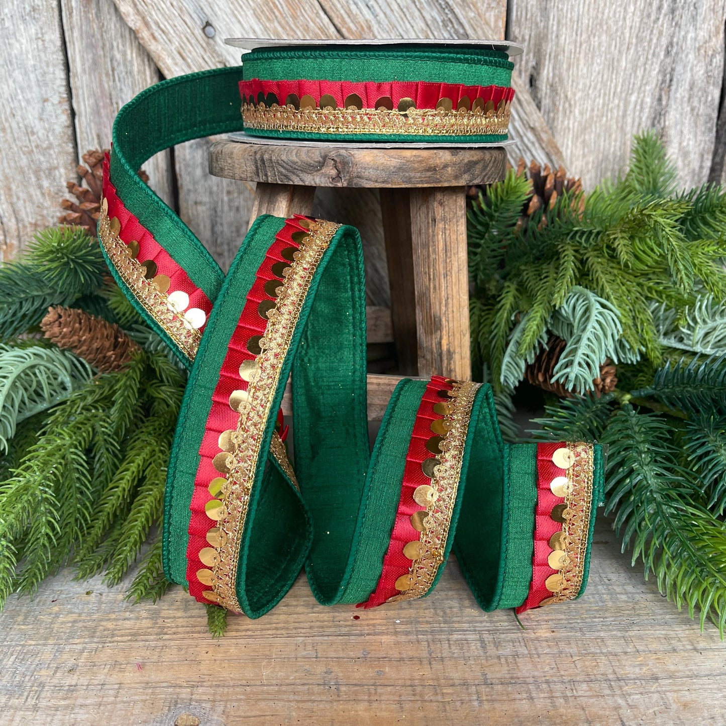 1" Green Red Festive Frills, Farrisilk RIbbon, Emerald Green Red Gold RIbbon, Christmas Ribbon, RK783-48