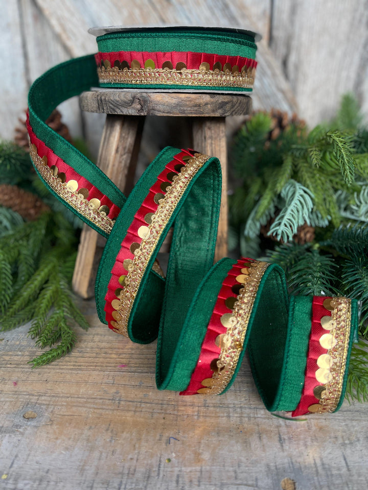 1" Green Red Festive Frills, Farrisilk RIbbon, Emerald Green Red Gold RIbbon