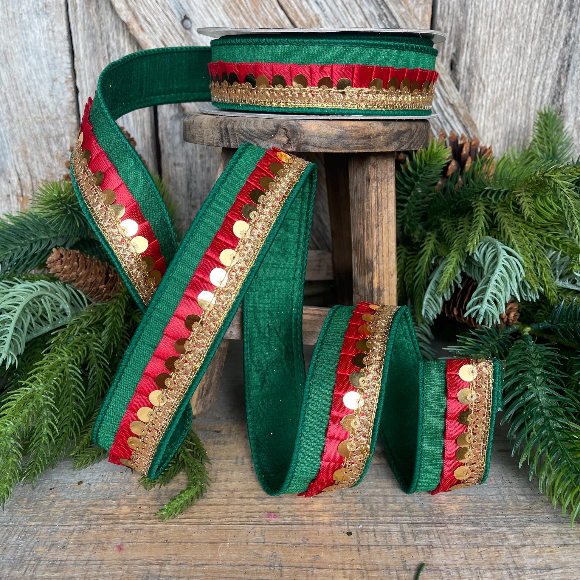 1" Green Red Festive Frills, Farrisilk RIbbon, Emerald Green Red Gold RIbbon, Christmas Ribbon, RK783-48