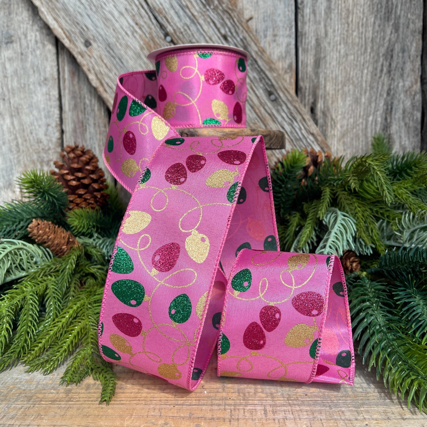 2.5" Pink Christmas Ribbon, Christmas Lights Ribbon, Bubblegum Pink Ribbon