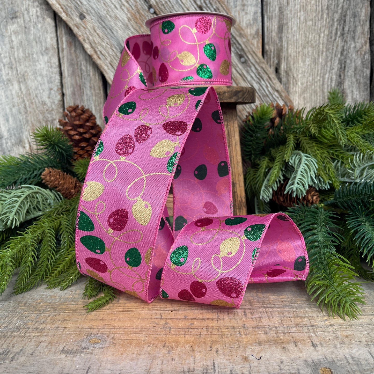 2.5" Pink Christmas Ribbon, Christmas Lights Ribbon, Bubblegum Pink Ribbon
