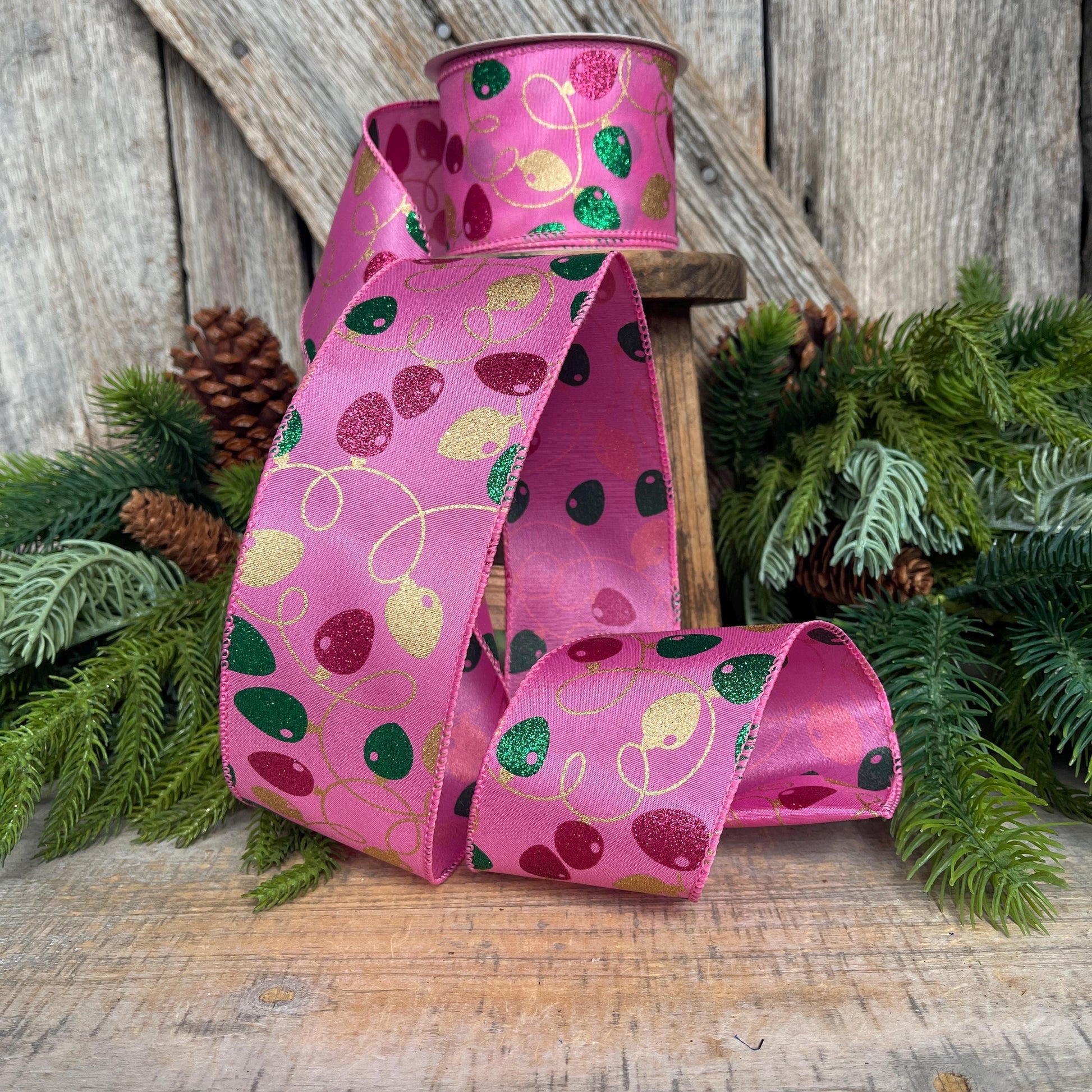 2.5" Pink Christmas Ribbon, Christmas Lights Ribbon, Bubblegum Pink Ribbon