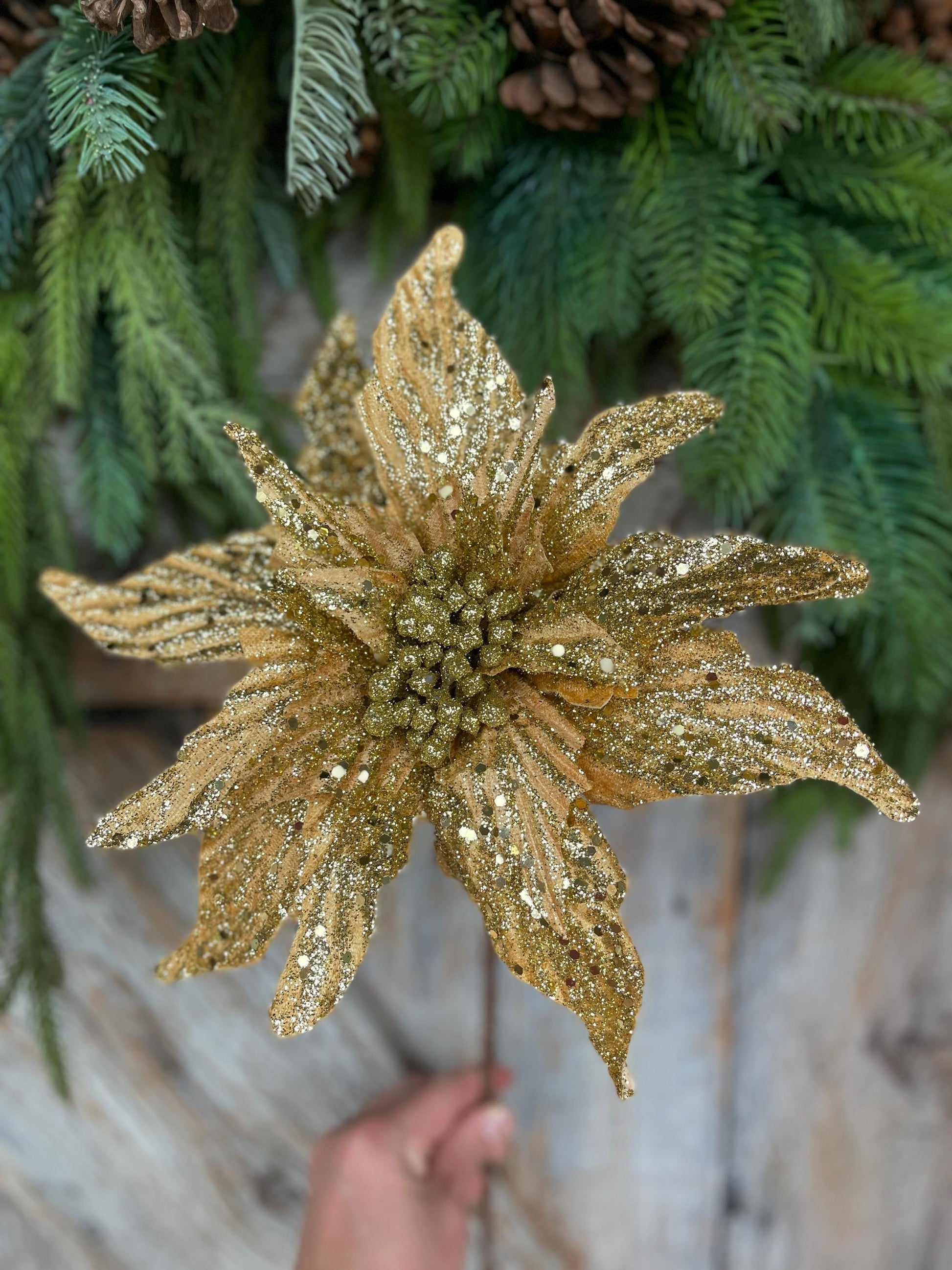 16" Gold Poinsettia Stem, Christmas Tree Stem, Gold Christmas Tree Flower, Seasonal Decor, Gold Christmas Flower