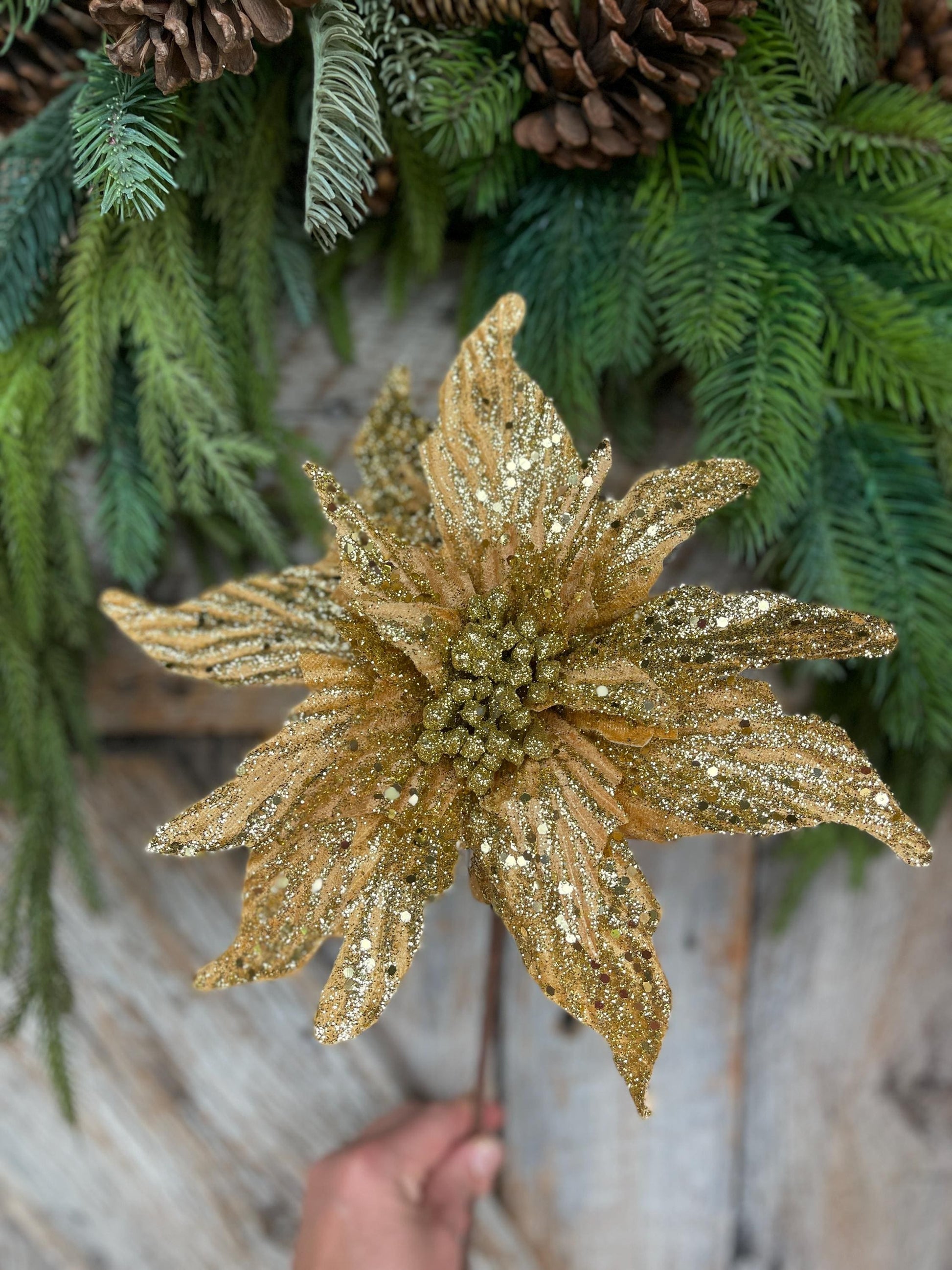 16" Gold Poinsettia Stem, Christmas Tree Stem, Gold Christmas Tree Flower, Seasonal Decor, Gold Christmas Flower