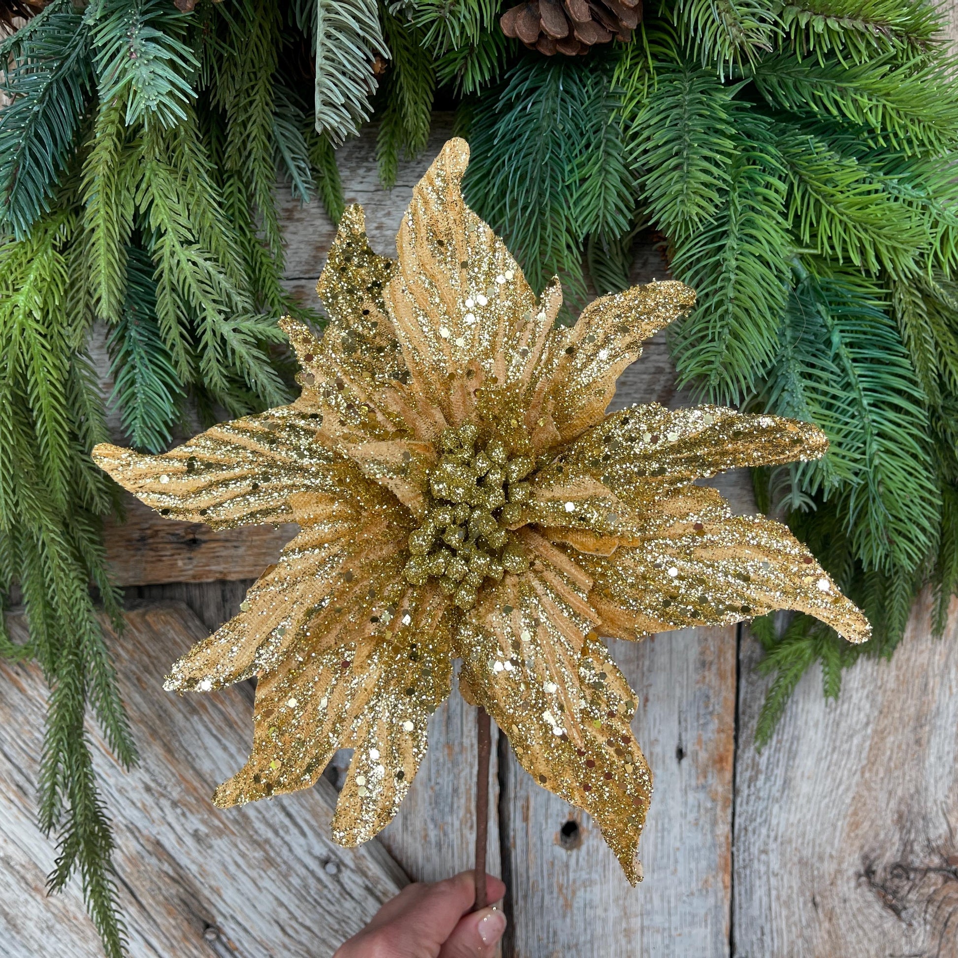 16" Gold Poinsettia Stem, Christmas Tree Stem, Gold Christmas Tree Flower, Seasonal Decor, Gold Christmas Flower