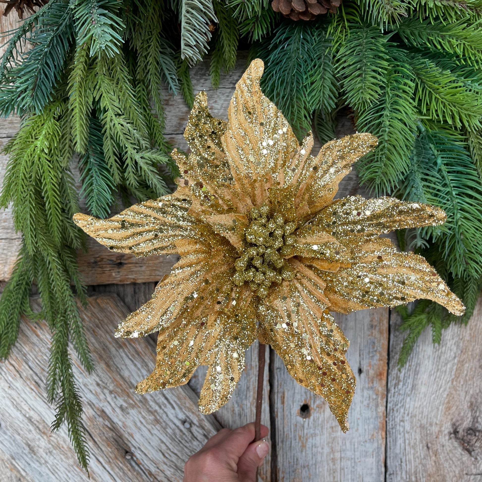 16" Gold Poinsettia Stem, Christmas Tree Stem, Gold Christmas Tree Flower, Seasonal Decor, Gold Christmas Flower