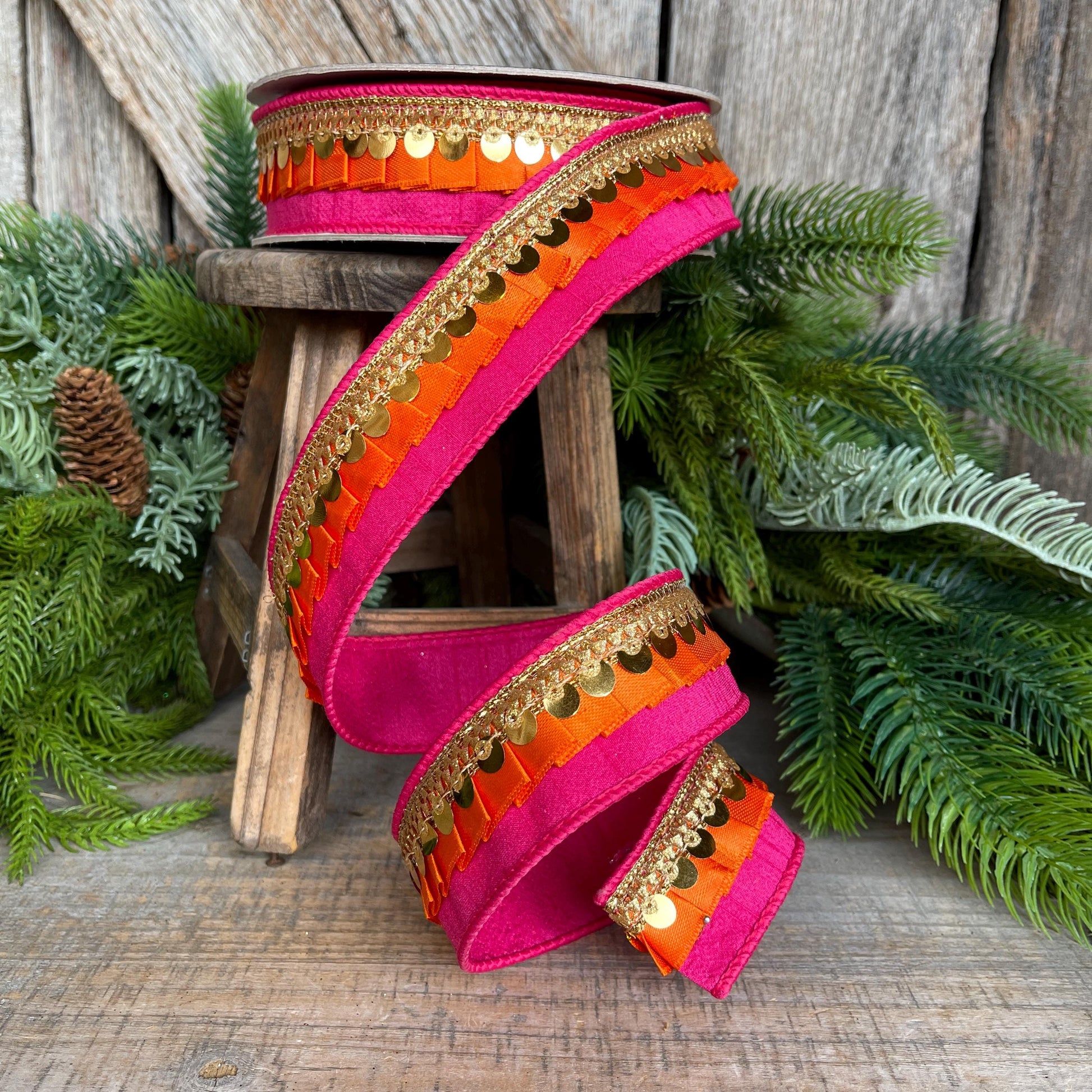 1" Pink Orange Festive Frills, Farrisilk RIbbon, Pink Orange Gold RIbbon