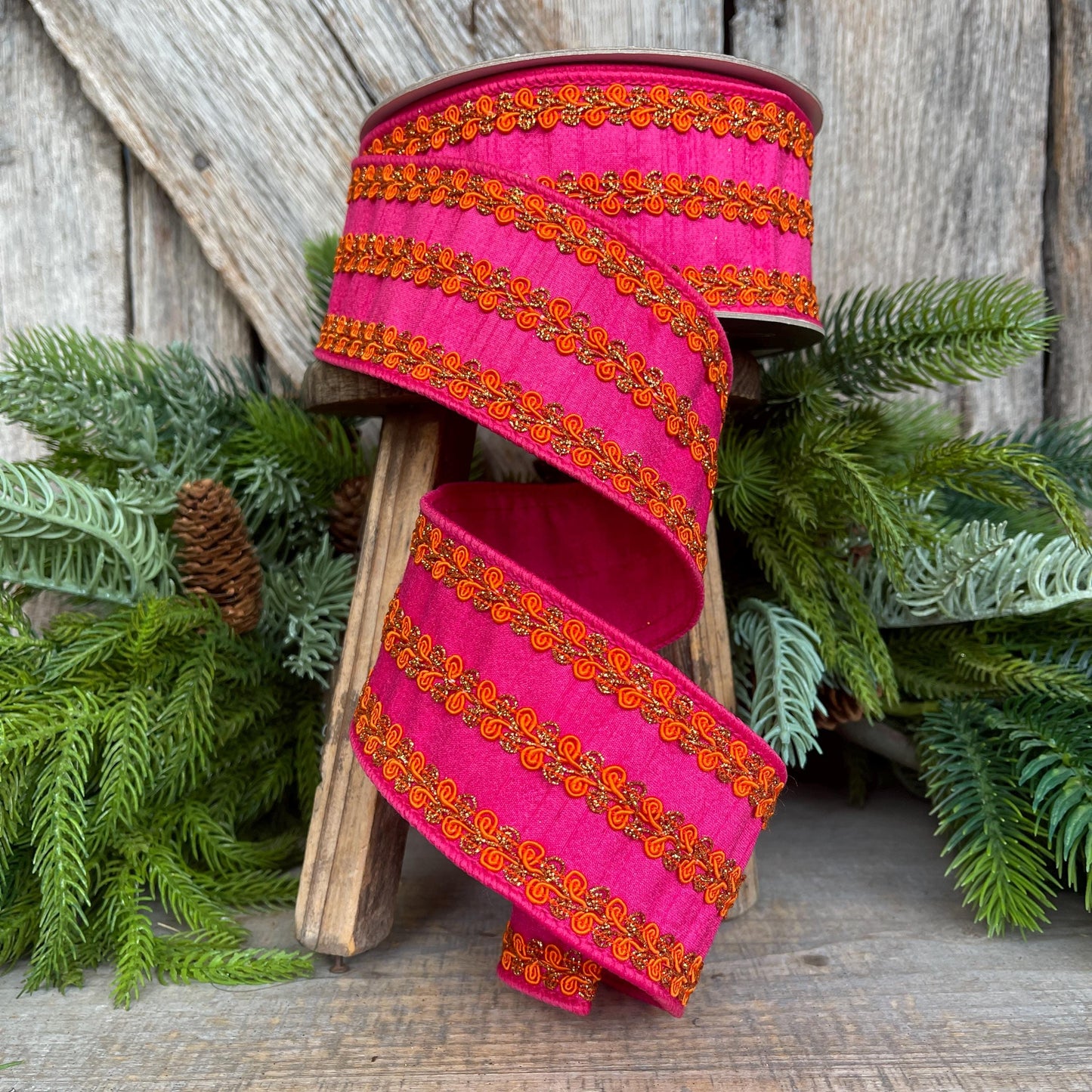 2.5" Hot Pink Orange Ribbon, Farrisilk Ribbon, Hot Pink & Orange Carnival Frills Ribbon