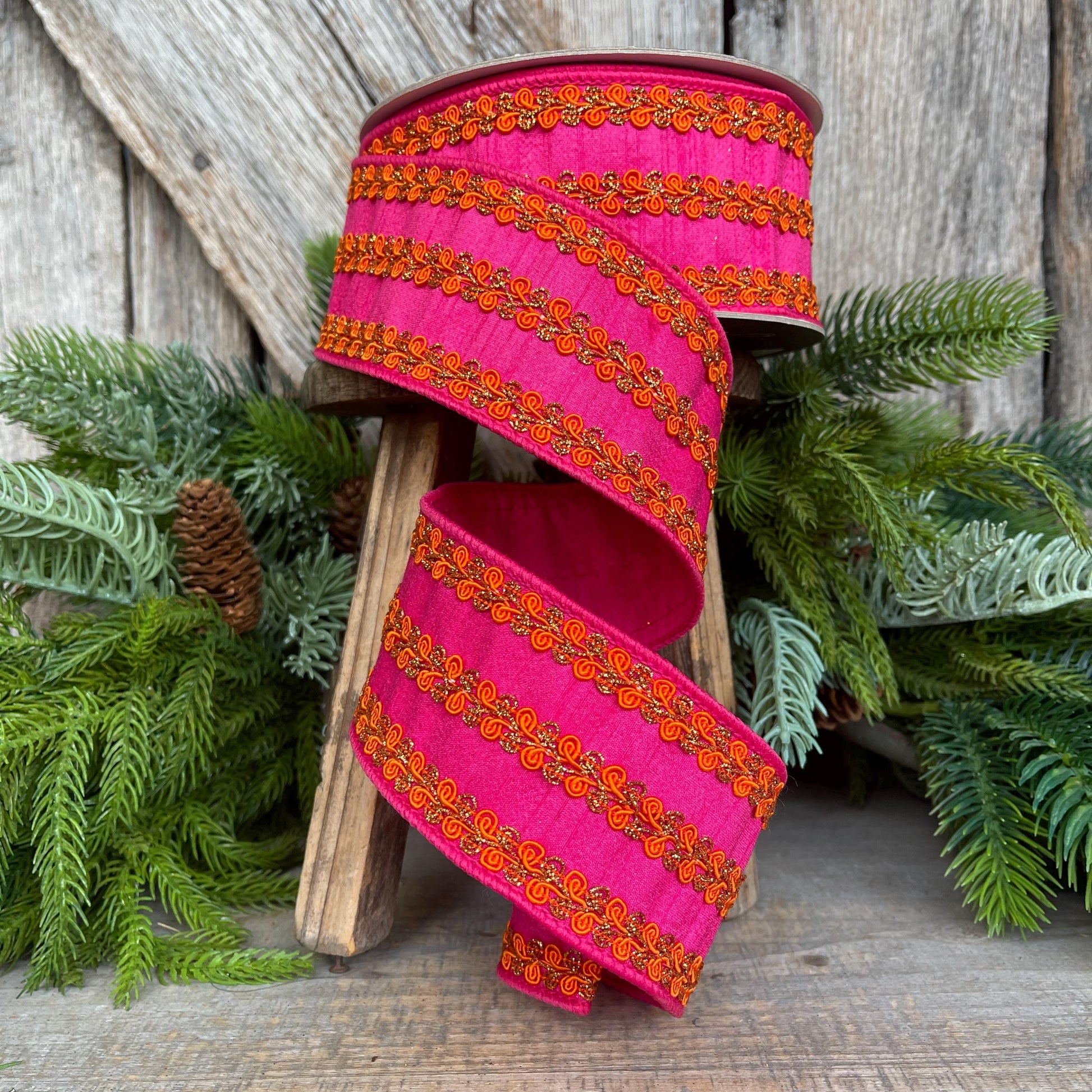 2.5" Hot Pink Orange Ribbon, Farrisilk Ribbon, Hot Pink & Orange Carnival Frills Ribbon