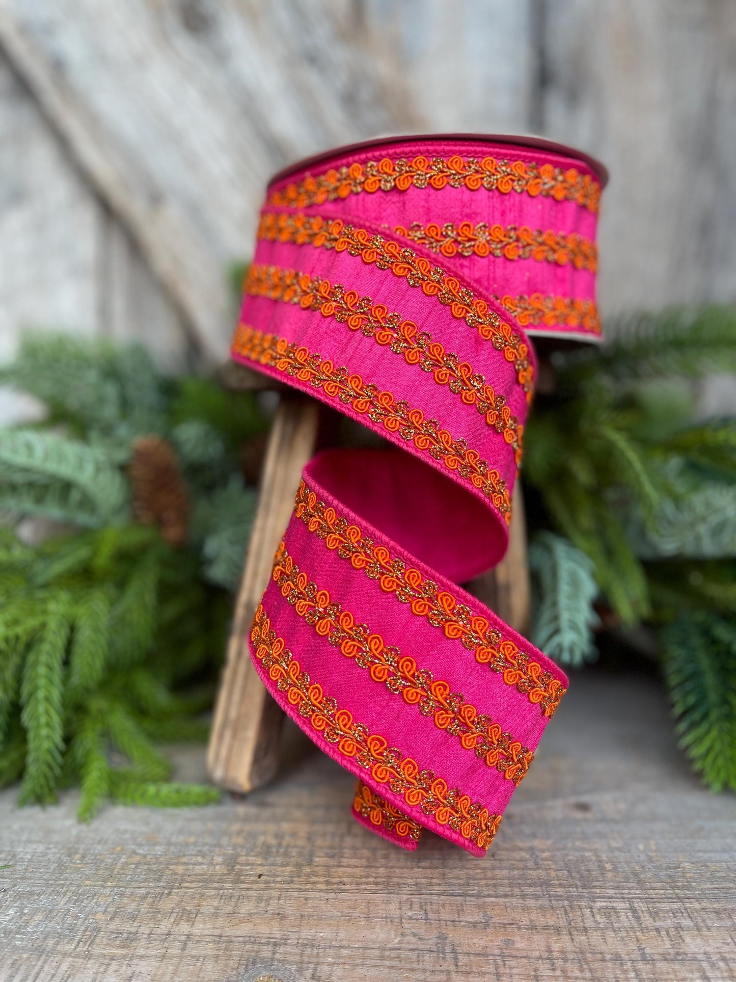 2.5" Hot Pink Orange Ribbon, Farrisilk Ribbon, Hot Pink & Orange Carnival Frills Ribbon