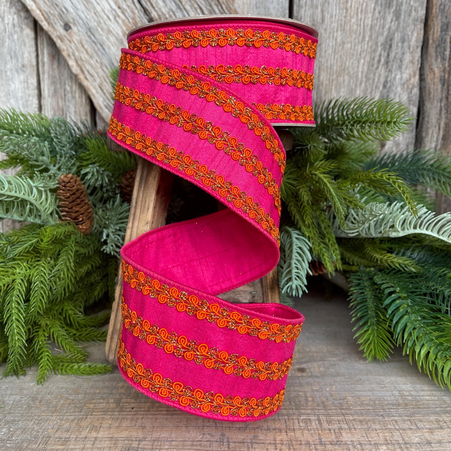 2.5" Hot Pink Orange Ribbon, Farrisilk Ribbon, Hot Pink & Orange Carnival Frills Ribbon