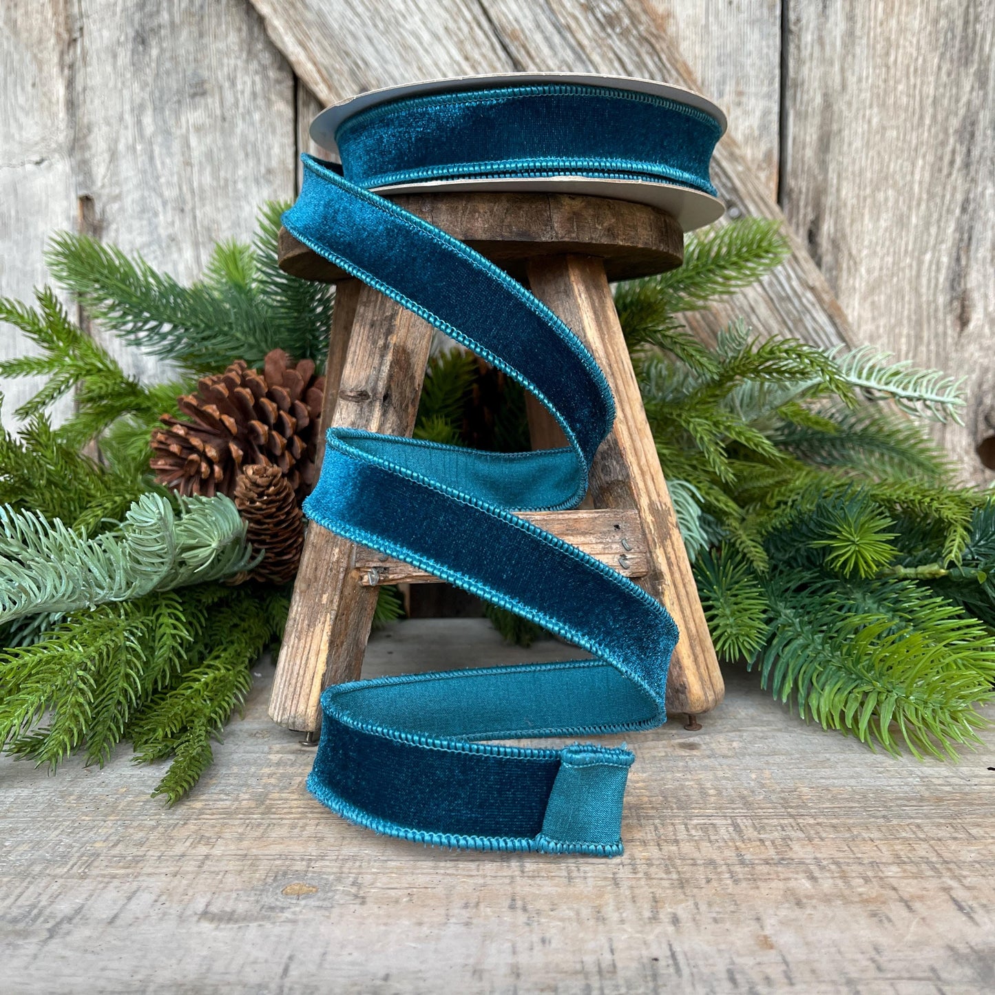 1" Dark Teal Velveteen Ribbon, Farrisilk Ribbon, Teal Ribbon
