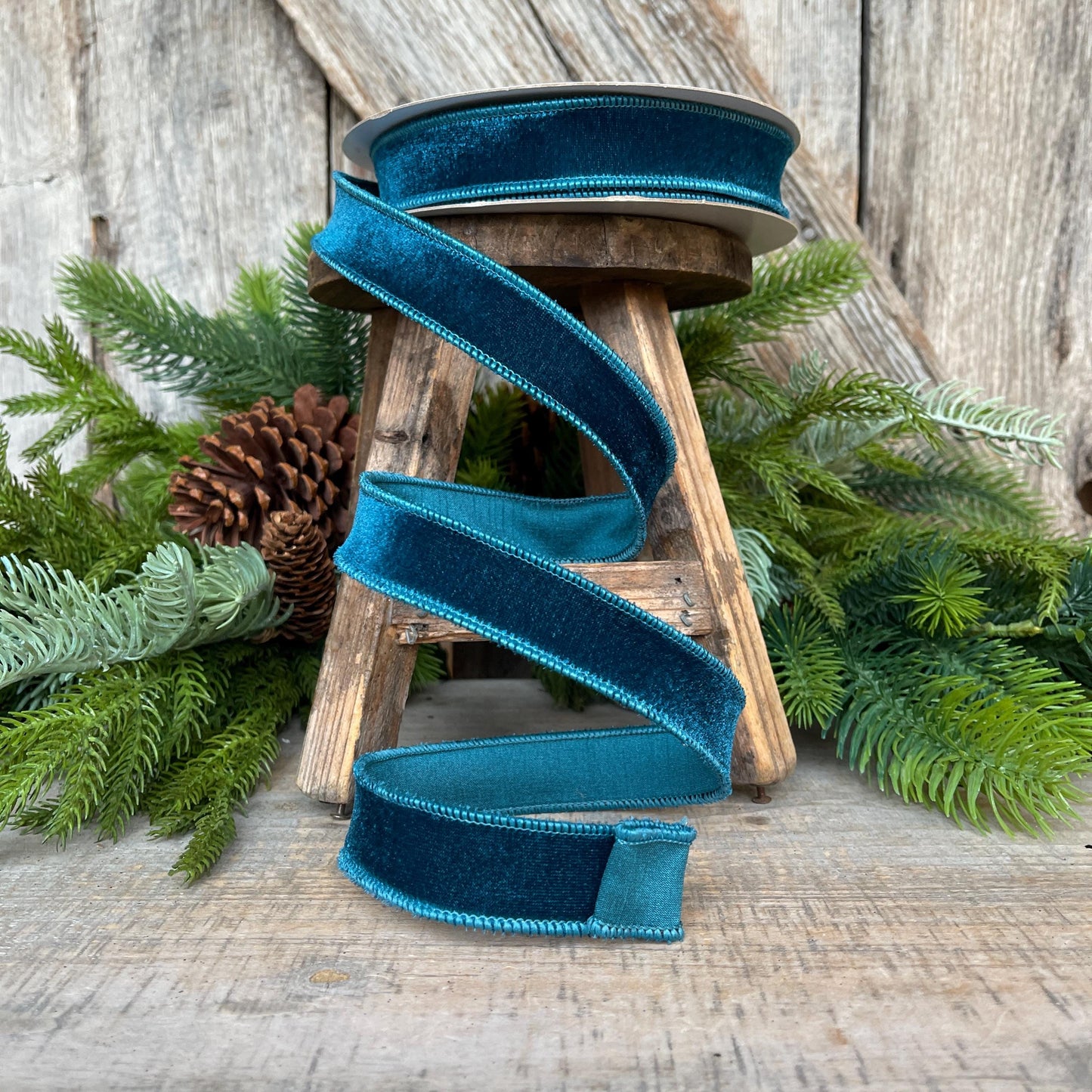 1" Dark Teal Velveteen Ribbon, Farrisilk Ribbon, Teal Ribbon