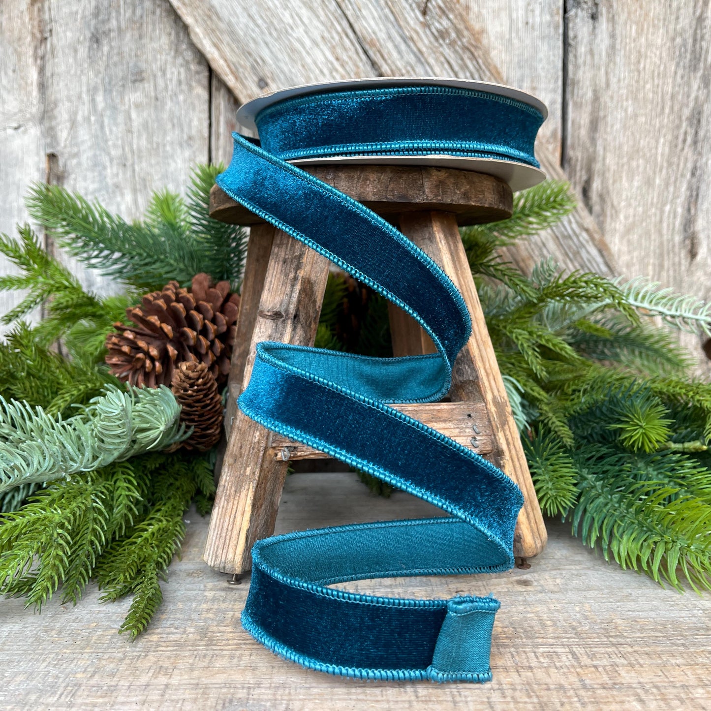 1" Dark Teal Velveteen Ribbon, Farrisilk Ribbon, Teal Ribbon