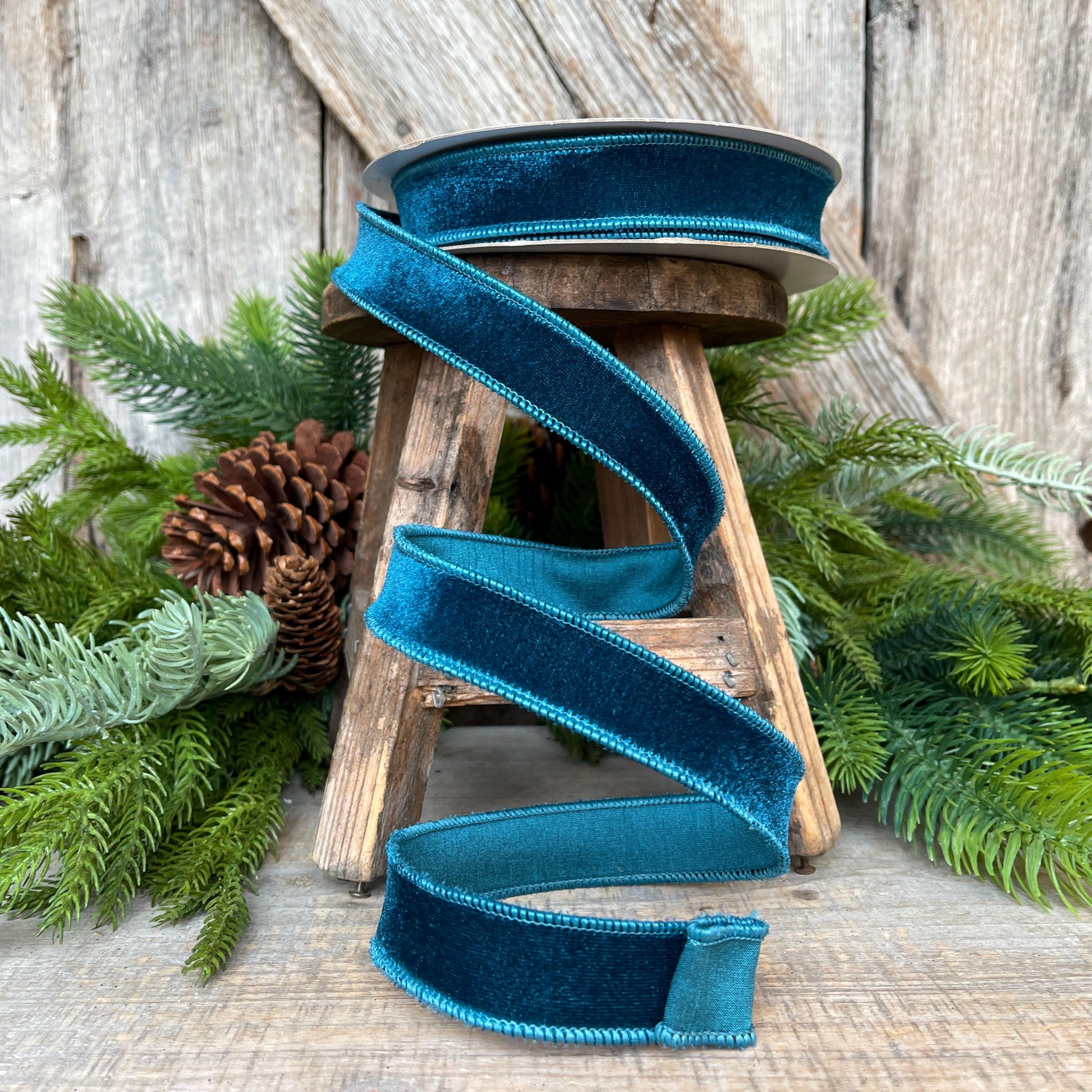 1" Dark Teal Velveteen Ribbon, Farrisilk Ribbon, Teal Ribbon