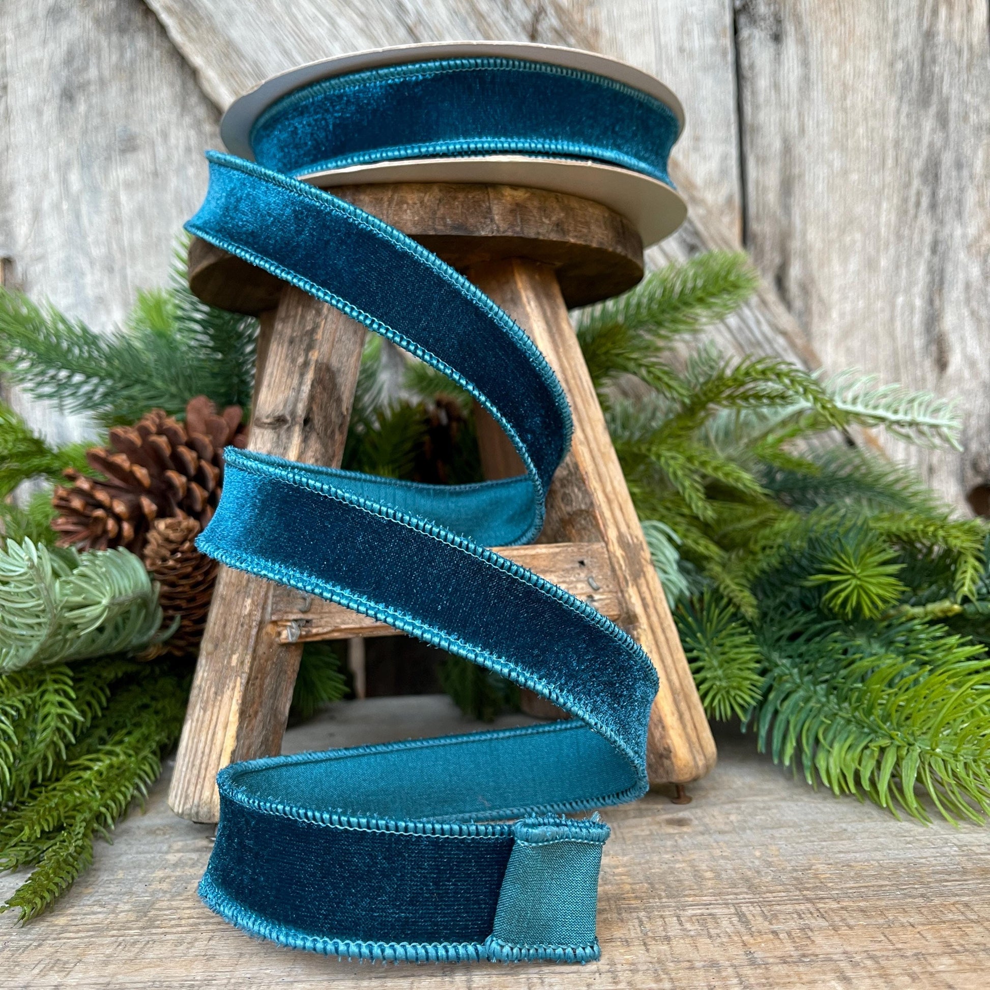1" Dark Teal Velveteen Ribbon, Farrisilk Ribbon, Teal Ribbon
