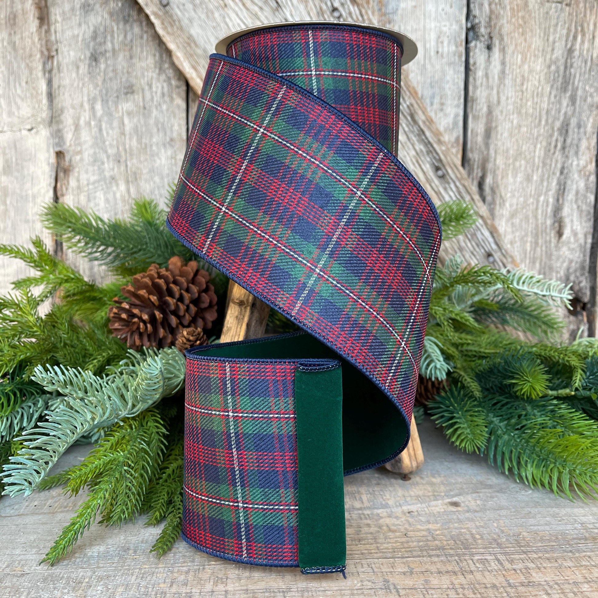 4" Blue Westchester Plaid Ribbon, Farrisilk Ribbon, Traditional Christmas Plaid Ribbon