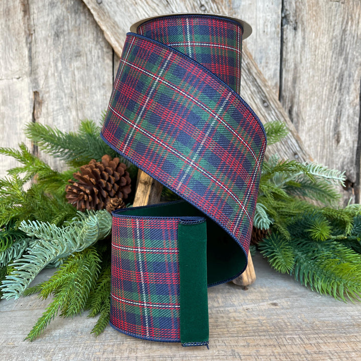 4" Blue Westchester Plaid Ribbon, Farrisilk Ribbon, Traditional Christmas Plaid Ribbon