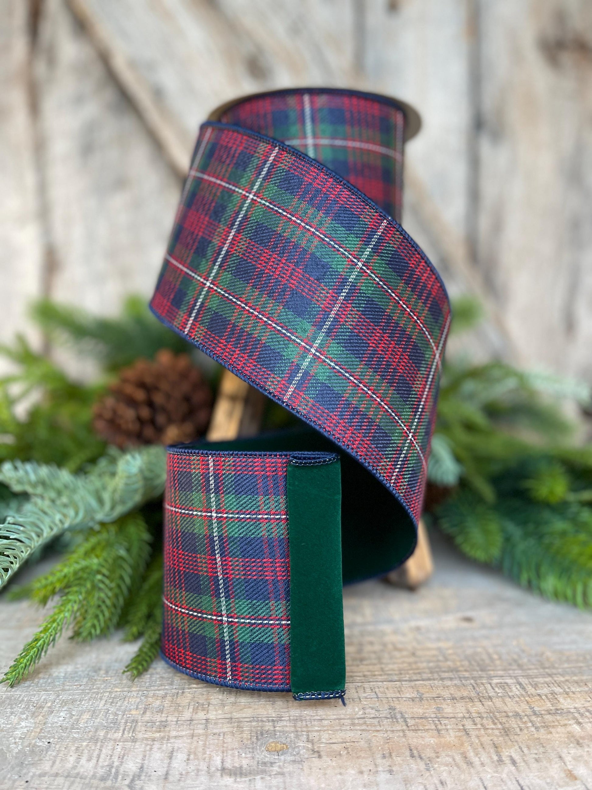 4" Blue Westchester Plaid Ribbon, Farrisilk Ribbon, Traditional Christmas Plaid Ribbon