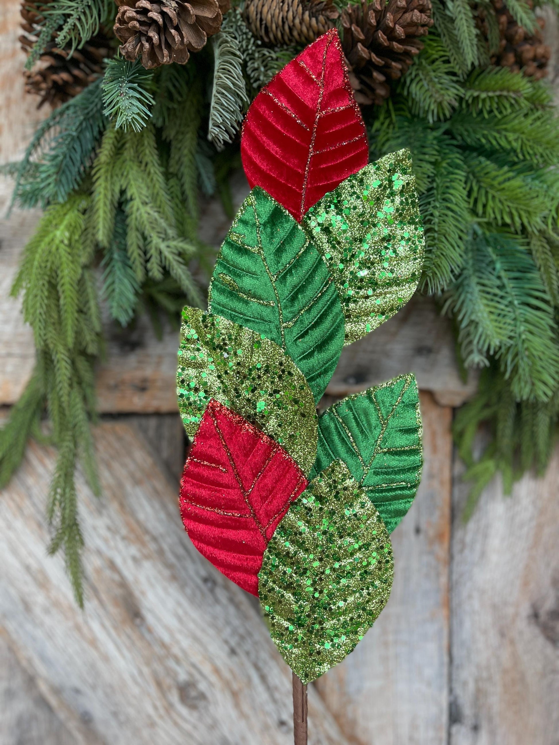 27" Red Green Velvet Leaf Spray, Christmas Spray, Christmas Tree Spray, Christmas Tree Topper
