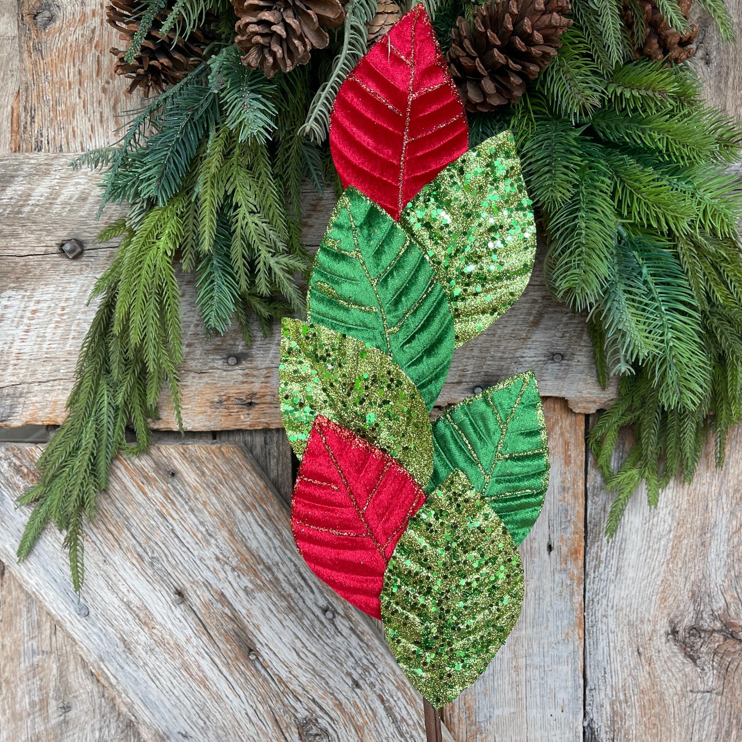 27" Red Green Velvet Leaf Spray, Christmas Spray, Christmas Tree Spray, Christmas Tree Topper