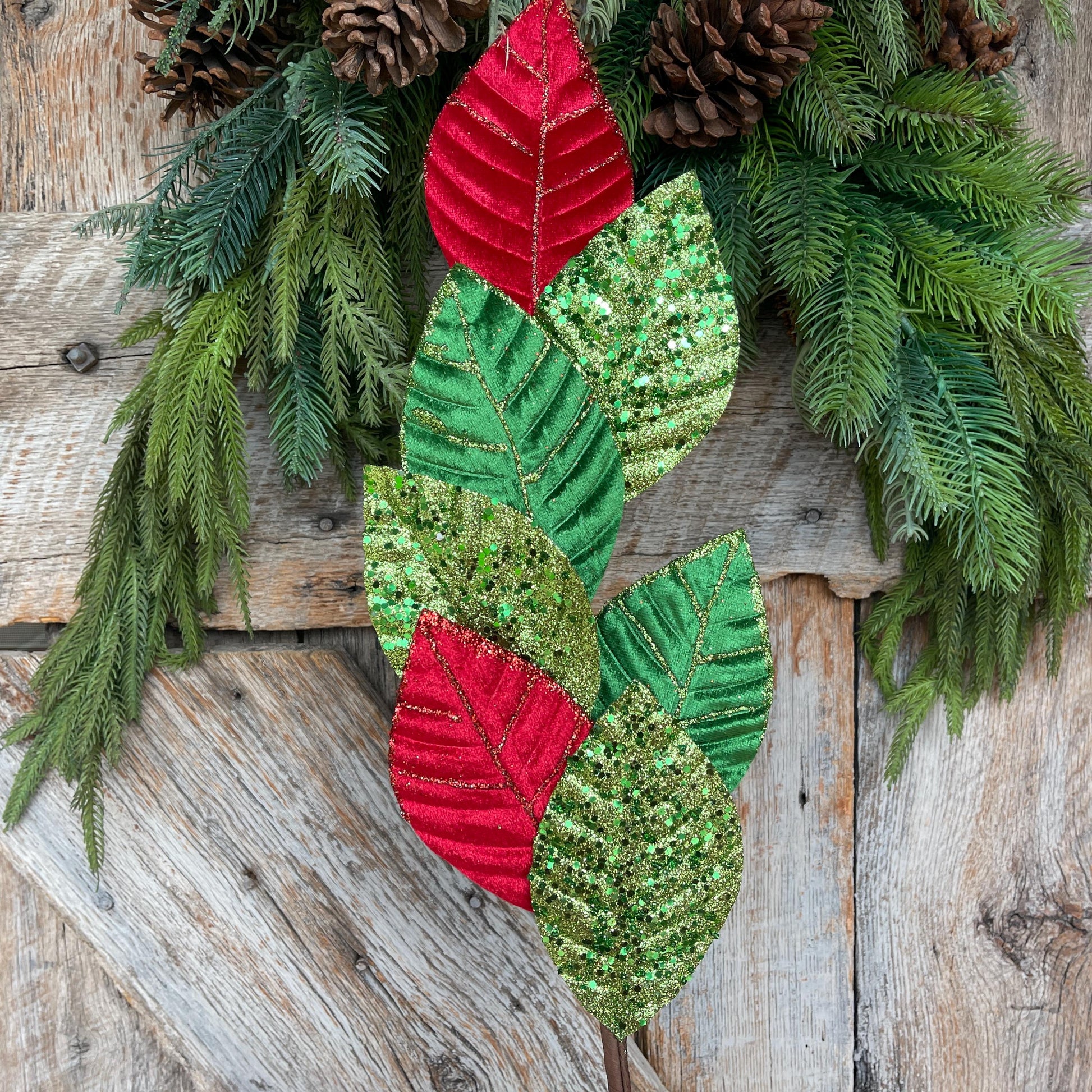 27" Red Green Velvet Leaf Spray, Christmas Spray, Christmas Tree Spray, Christmas Tree Topper